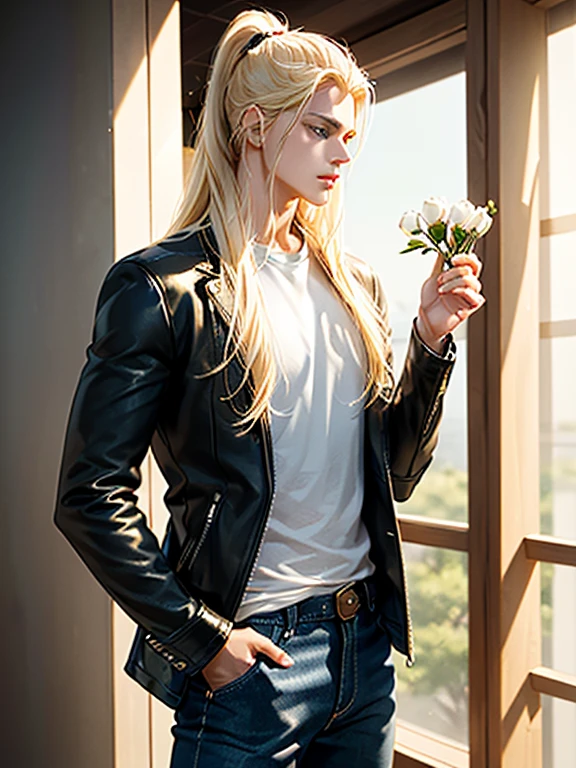 An incredibly beautiful girl is a golden-haired blonde with long golden hair, blue eyes, she is wearing a summer dress, she is facing us, two men are standing behind her, a man on the right (tall, handsome, young, masculine, handsome, athletic, he has tanned skin, long straight platinum hair, he is dressed in an expensive branded suit, he holds flowers in his hands) on the left is a man (young, medium height, athletic, he has very long straight platinum hair gathered in a tight ponytail at the back of his head, long bangs, green eyes, he wears jeans, a cotton T-shirt and a leather jacket). Masterpiece, perfect drawing, realistic drawing, full-length drawing, detailed study, 8k. full-length image, realistic image, dynamic image, detailed image. an extremely detailed illustration, a real masterpiece of the highest quality, with careful drawing. full-length image. delicate face type, extremely detailed illustration, a real masterpiece, of the highest quality, with careful drawing. shading with shadows. anime style