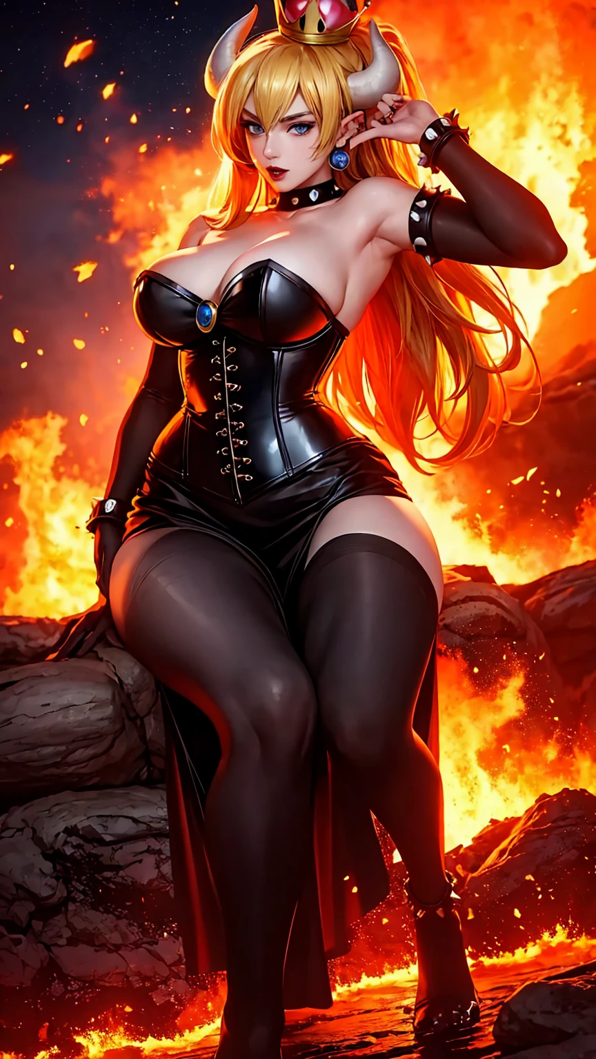 ((high detailed, best quality, 4k, masterpiece, hd:1.3)), ((best quality)), (((HD))), (((8k))), (ultraDH), (ultra HD), Princess Daisy, blue eyes, BREAK blue eyes, seductive, attractive, smooth anime cg art, 36C breasts, long legs, vivid colors, detailed digital art, slim body, perfect skin, dark blonde hair, long hair, blonde hair, blonde hair, BREAK crown, cleavage, 36C cleavage, looking at viewer, BREAK looking at viewer, extremely detailed face, red santa suit, red santa claus suit, santa claus suit, earrings, gem, dark black makeup lips, dark gothic eyeshadows, dark eyeshadows, black eyeshadows, black sexy lips, black lips, (dark:1.2), dark lips, very dark lips, (perfect hands, perfect anatomy), black makeup, black medium lips, black thick lips, detailed fingers, five fingers per hand, 5 fingers, (1 girl), detailed lips, detailed black lips, black painted lips, gothic painted lips, BREAK night, night sky, (breast focus), (arms outstreched:1.2), (from above:1.1), (breasts out:1.3), (off shoulder:1.1), (white horns), (corset), inside a lava castle, she inside a sea of lava, she bathing in lava, full body, perfect long legs, perfect foots, legs and foots into the lava, (((gigantic breasts)))