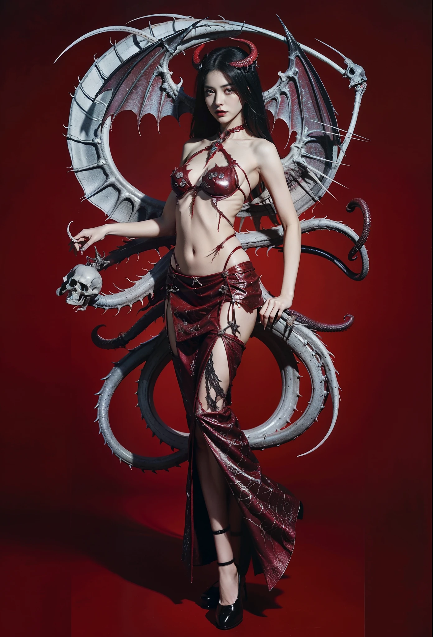 beautifully，box full of swords images,wing, succubus theme，fallen angel，Excellent，scary，secret horror，tentacle，have eyes，uncanny valley effect，little beast blood moon，skull skeleton，vampire，Hellfire，female devil，Swarovski crystals，vampire公主，cheongsam，golden dragon，No feet exposed