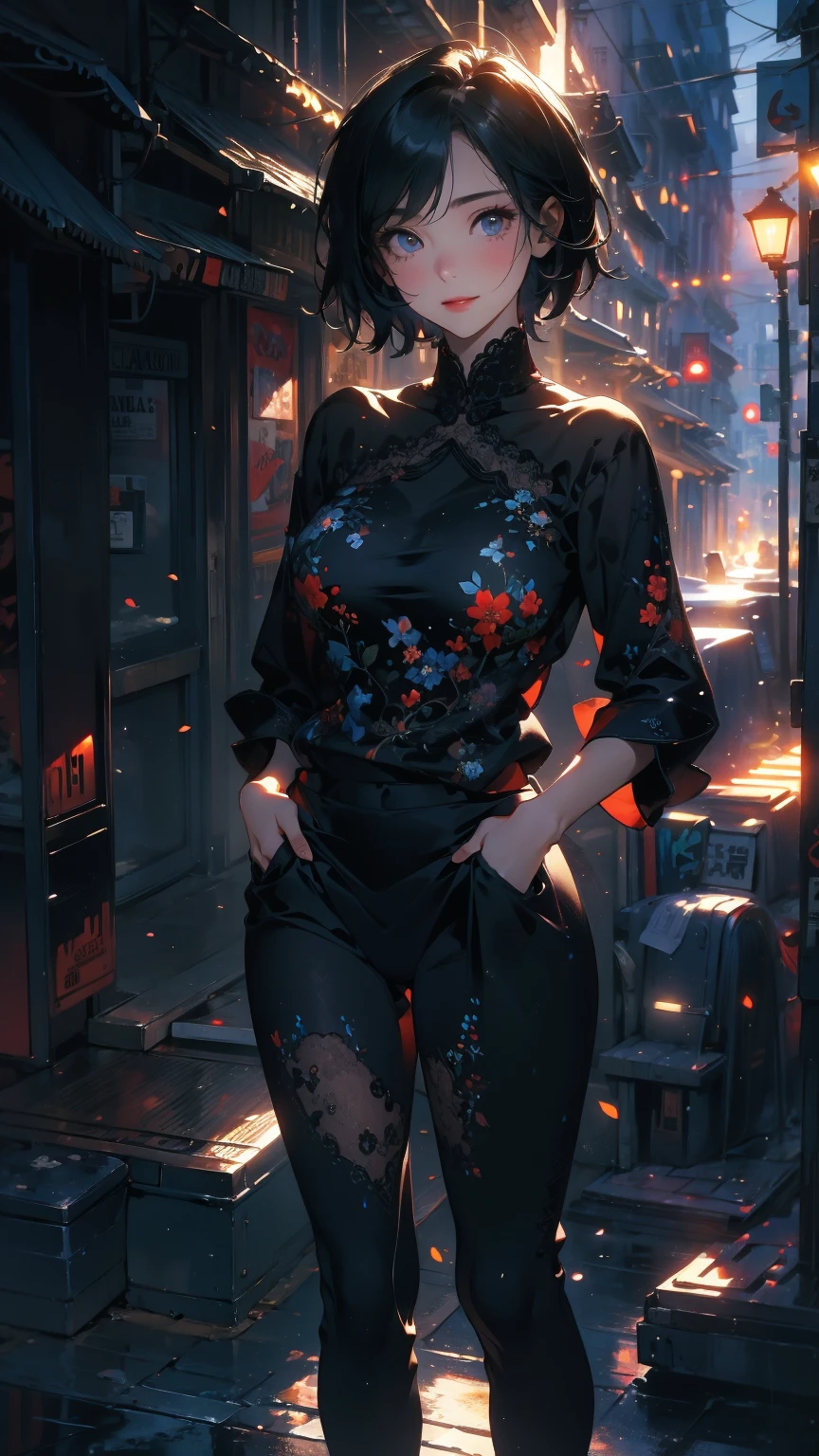 (Highly detailed CG unit 8k wallpaper, masterpiece, High resolution, highest quality, natural skin texture), Composition from head to stomach:1.5, (20 year old woman, Hands in pockets pose:1.3, smile, detailed eyes, gradient eyes), (Stalgic Fashion, detailed costume, fine embroidery, White lace stitch textured blouse, No sleeve, skinny jeans, Asymmetrical short hair:1.2), (Backstreets of Paris:1.3, Colourful flower beds along the road, cinematic lighting), high contrast, hyper realistic, digital painting, concept art,