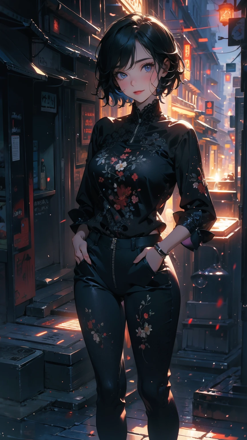 (Highly detailed CG unit 8k wallpaper, masterpiece, High resolution, highest quality, natural skin texture), Composition from head to stomach:1.5, (20 year old woman, Hands in pockets pose:1.3, smile, detailed eyes, gradient eyes), (Stalgic Fashion, detailed costume, fine embroidery, White lace stitch textured blouse, No sleeve, skinny jeans, Asymmetrical short hair:1.2), (Backstreets of Paris:1.3, Colourful flower beds along the road, cinematic lighting), high contrast, hyper realistic, digital painting, concept art,