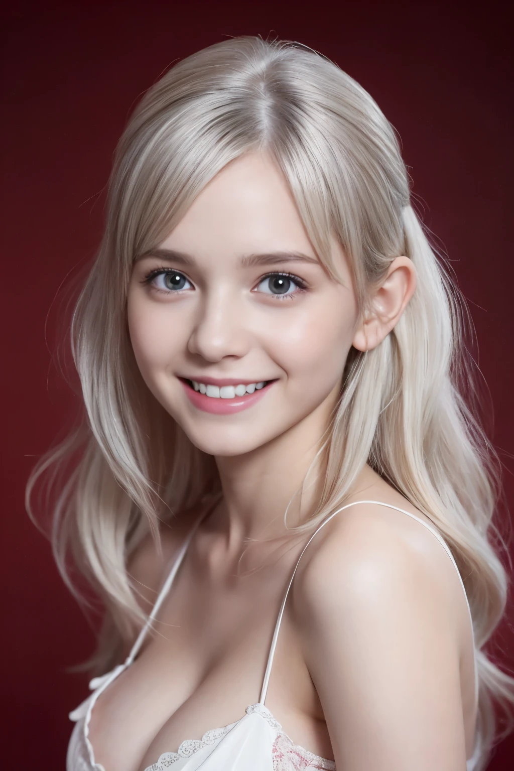 Masterpiece, Best quality, 8k, 18 years old, Raw photo, absurd, Award-winning portrait, smile, smile, pure, German, red mini dress, huge breast, white hair, wavy hair