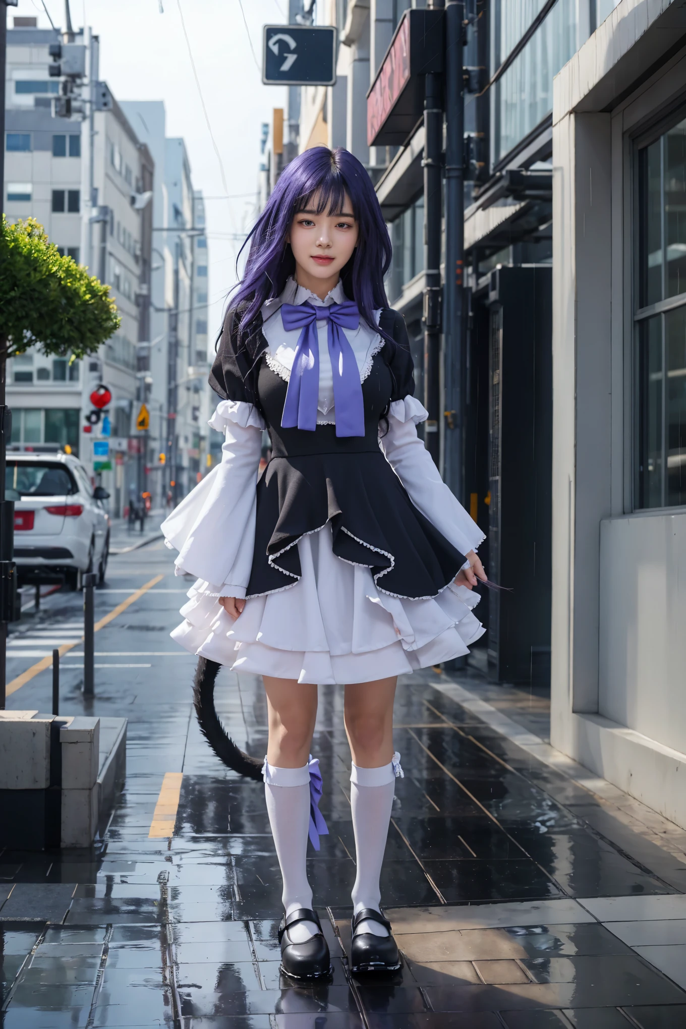 (masterpiece),best quality, frederica bernkastel,dress,  tail bow, cat tail, bowtie, purple eyes, purple hair,mary janes,  socks,  blank eyes, empty eyes,  (raining day:1.2), cloud, street, sidewalk, wet clothes, photorealistic, ((16k photography)), detailed face, ((Best Quality, Masterpiece: 1.3)), Sharp Focus: 1.2, A Beautiful Woman with Perfect Figure: 1.4, Slim Abs: 1.2, (Layered Hairstyle,: 1.2)), Rain: 1.3, Street: 1.2, Wet Body: 1.1, Highly Detailed Face and Skin Texture, Detailed Eyes, Double Eyelids, Big Breasts, Smile, irene1, CGI photography hyper realistic
