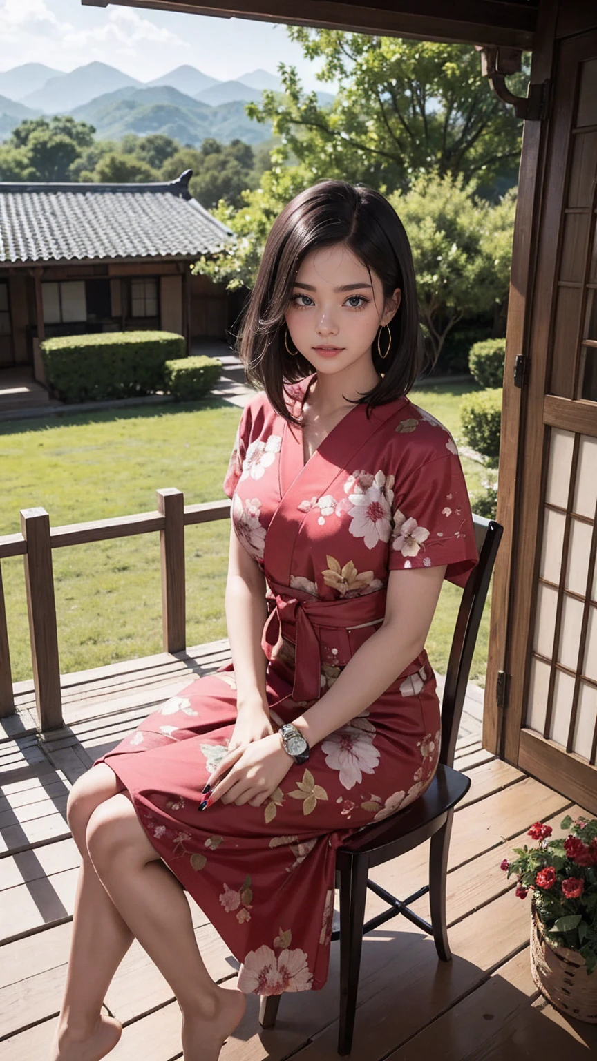 ((最high quality, 8K, masterpiece: 1.3, Ultra HD, high quality, 最high quality, High resolution, realism)) 、A stunningly beautiful 22-year-old Japanese woman、hair color is black、black eye、medium hair、straight hair、smile、Slender but well-proportioned muscular body、Athlete-like body type、I don't want my head to disappear from the screen.、Wearing accessories on your wrist、Wearing red nail polish、I have a peticure、Sitting on the veranda of a Japanese house in the Japanese countryside、It's summer、A wind chime is hung in front of the eaves.、barefoot、There is a basket full of tomatoes and carrots on the veranda.、The basket is made of woven bamboo strips、A courtyard spreads out in front of the verandah.、There is a well with a hand pump in the courtyard.、wear a yukata
