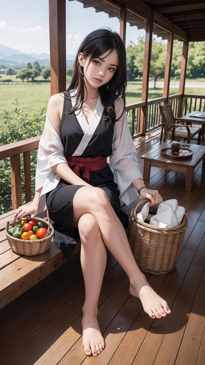((最high quality, 8K, masterpiece: 1.3, Ultra HD, high quality, 最high quality, High resolution, realism)) 、A stunningly beautiful 22-year-old Japanese woman、hair color is black、black eye、medium hair、straight hair、smile、Slender but well-proportioned muscular body、Athlete-like body type、I don&#39;t want my head to disappear from the screen.、Wearing accessories on your wrist、Wearing red nail polish、I have a peticure、Sitting on the veranda of a Japanese house in the Japanese countryside、It&#39;s summer、A wind chime is hung in front of the eaves.、barefoot、There is a basket full of tomatoes and carrots on the veranda.、The basket is made of woven bamboo strips、A courtyard spreads out in front of the verandah.、There is a well with a hand pump in the courtyard.、wear a yukata