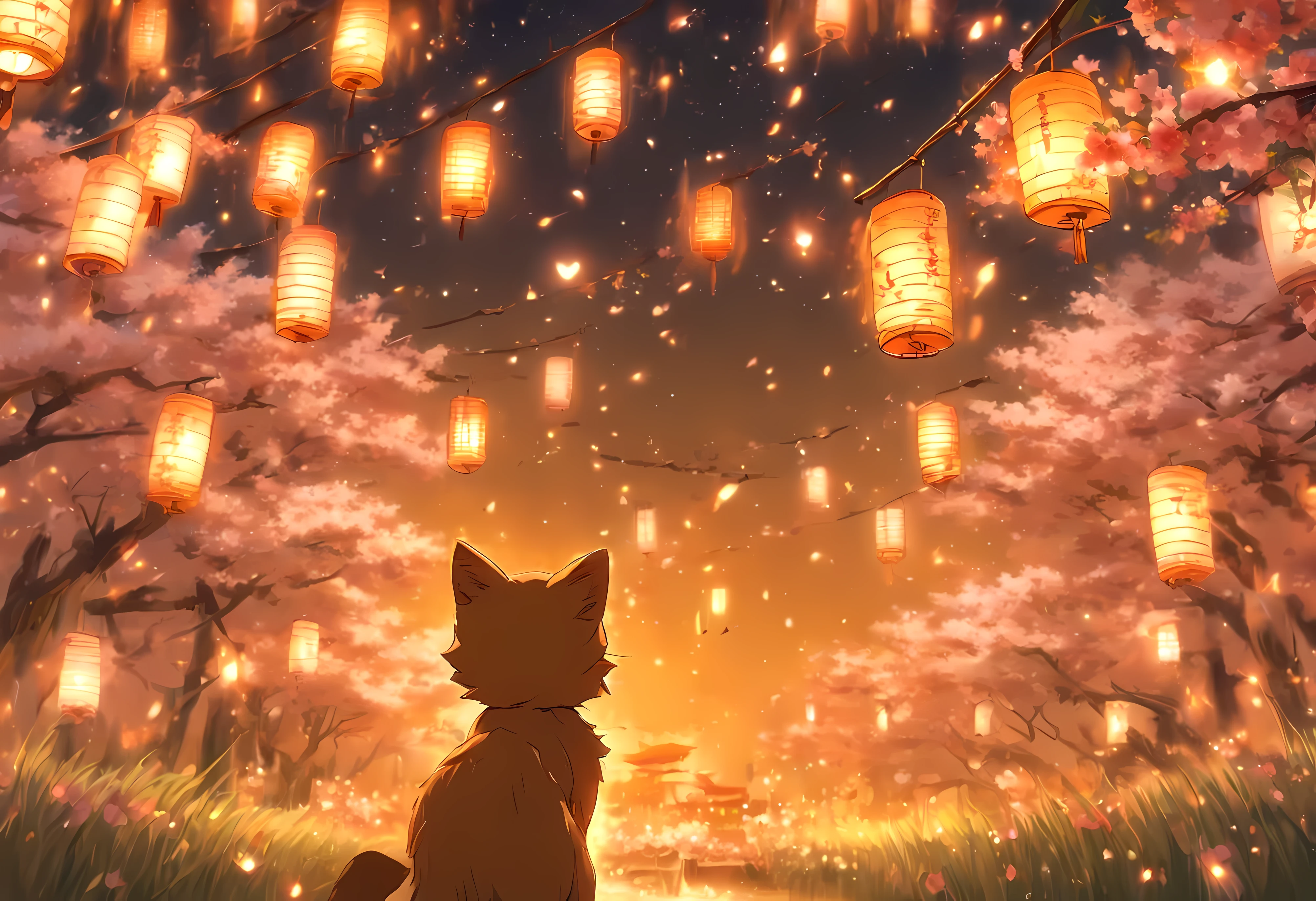 masterpiece, detailed, highres, (nighttime, stars, sakura blossoms, flower field, light breeze, lanterns:1.6), 1girl, (solo, no animals:2), (long hair:1.3), (red torn rags, no pants:1.4), (brown hair, slit pupils, amber eyes, cat ears, cat tail:1.5), (background focus, far away photo, distant shot, altar:1.7), (facing away from viewer, back turned, from behind:1.4)