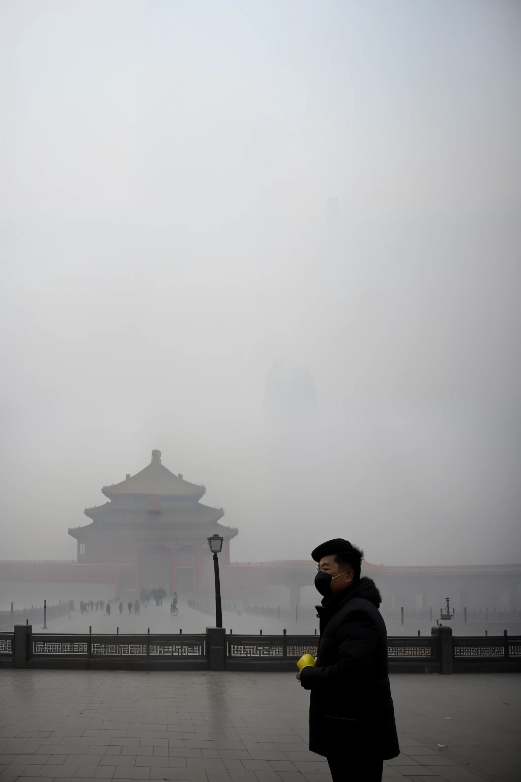 The grim air pollution crisis in Beijing, China, paints a desolate scene at the Square, as smog and yellow dust engulf the city in massive quantities.