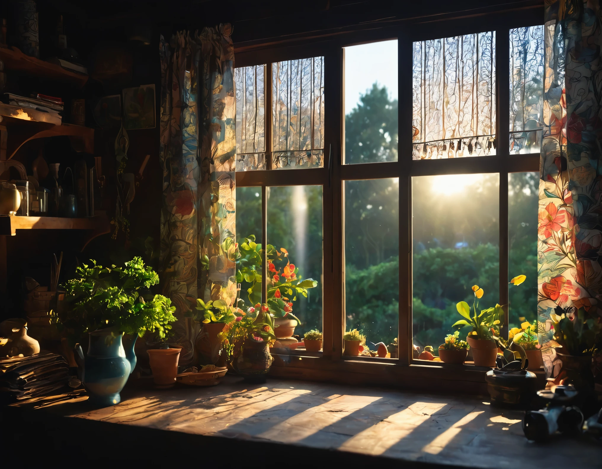 The View Outside the Window,window sill,Dirty shed window,cluttered,I&#39;m going to open the window now to do some major cleaning.,Light shines through the window into the dimly lit room,halation,beautiful light and shadow,Tyndall effect,dim background,Dark and cluttered room,light from window,flash,とてもflash,Curtains fluttering in the wind,Outside the window, the weather is refreshingly May.,Beautiful light shines into a dark room,masterpiece,最高masterpiece,intricate details,rendering,zentangle elements,8k,three-dimensional sense,Impressive photos that look like paintings