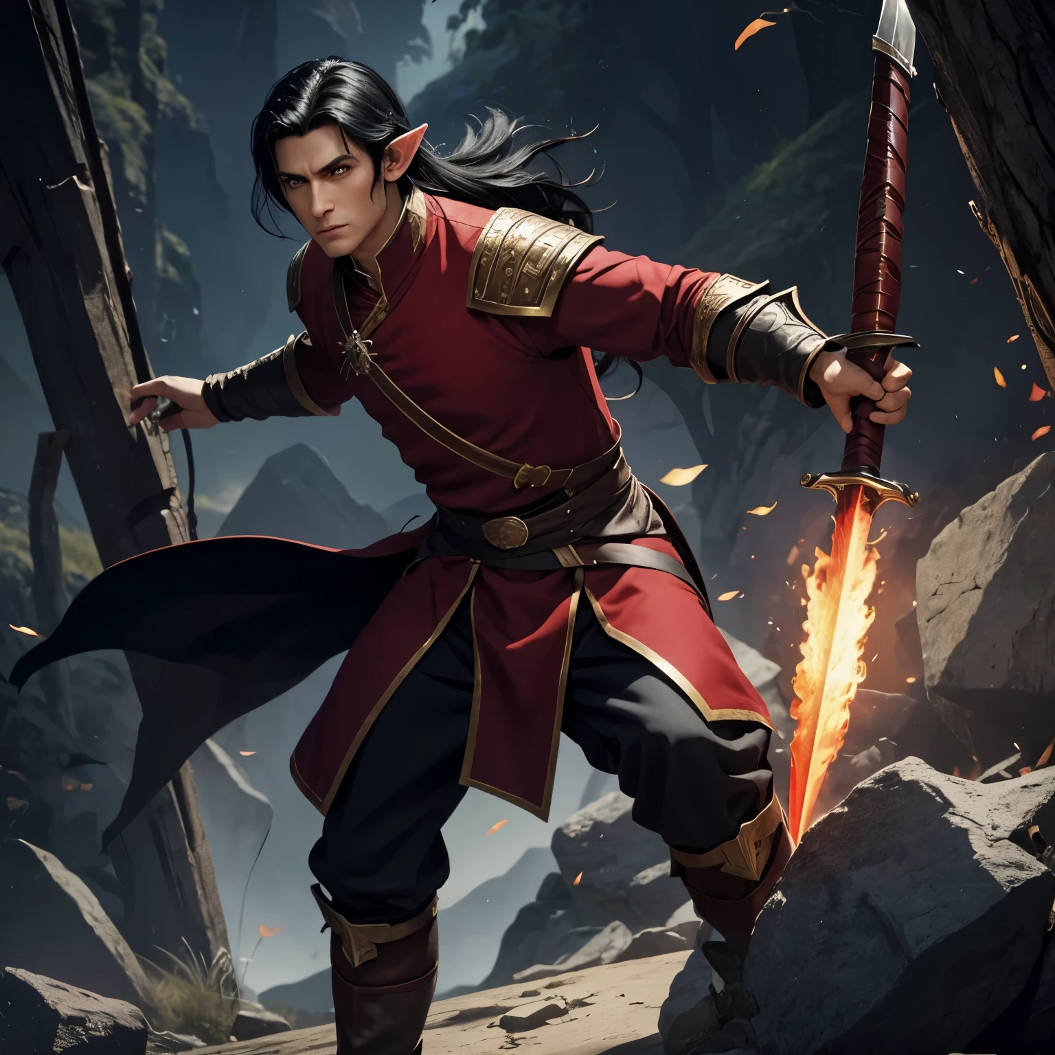 Male, character, dnd, Black hair, Red eles, half elf, swordsman, firebender