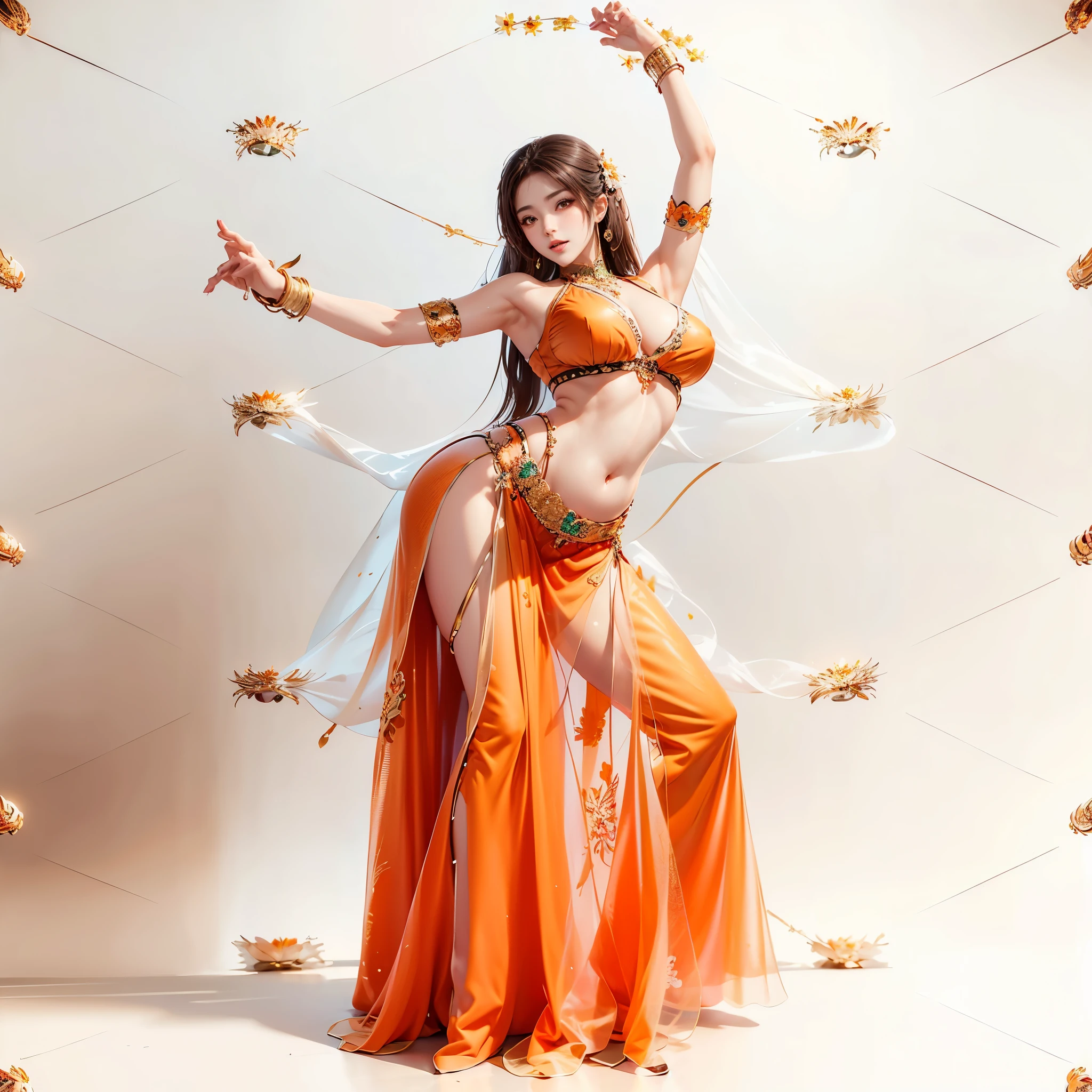 araffe belly dancer in orange dress with orange skirt and orange belt, gracefully belly dancing pose, she is dressed as a belly dancer, belly dancing, dynamic dancing pose, female dancer, she is dancing, fully body pose, full body wide shot, classic dancer striking a pose, dramatic standing pose, full body action pose, playful pose of a dancer