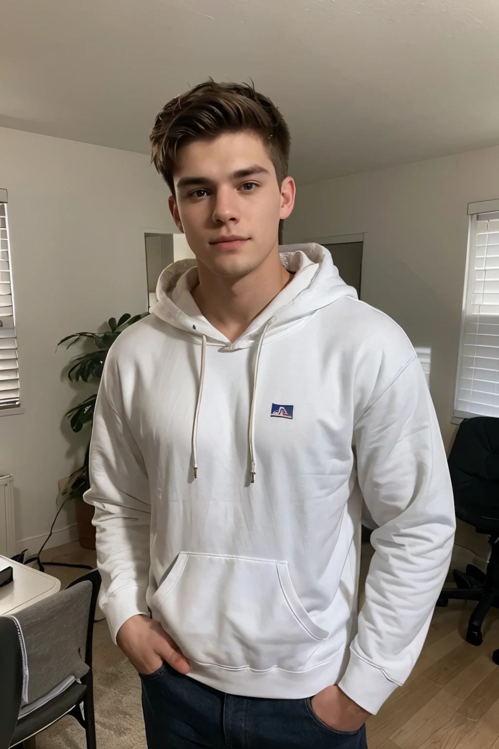 Photo-realistic of 20 years old American man in the room, wearing white hoodie, looking camera, 4K