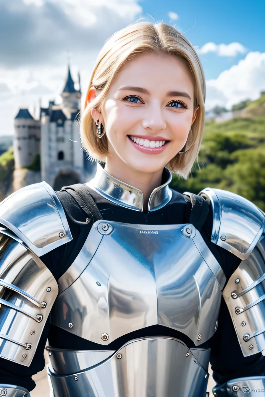 8K、highest quality、female knight、The background is a castle、Luxurious Silver Armor、heavy equipment、hairstyle short cut、smile、beautiful teeth、full body photo、ear piercing、white woman、blonde hair、blue eyes、Gummy Smile、The background is a cloudy sky、heavy makeup