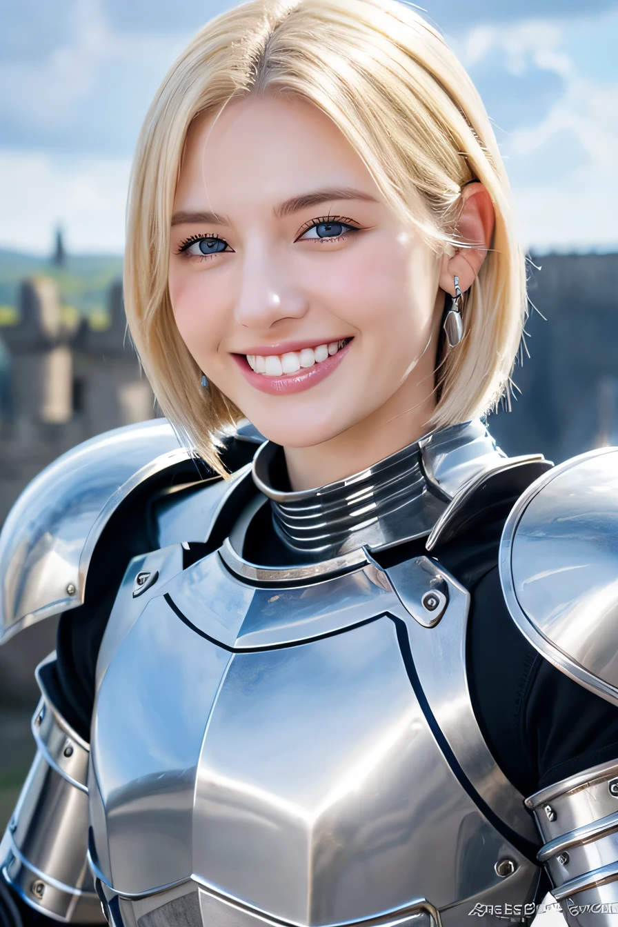 ８Ｋ、highest quality、female knight、The background is a castle、Luxurious Silver Armor、heavy equipment、hairstyle short cut、smile、beautiful teeth、full body photo、ear piercing、white woman、blonde hair、blue eyes、Gummy Smile、The background is a cloudy sky、heavy makeup

