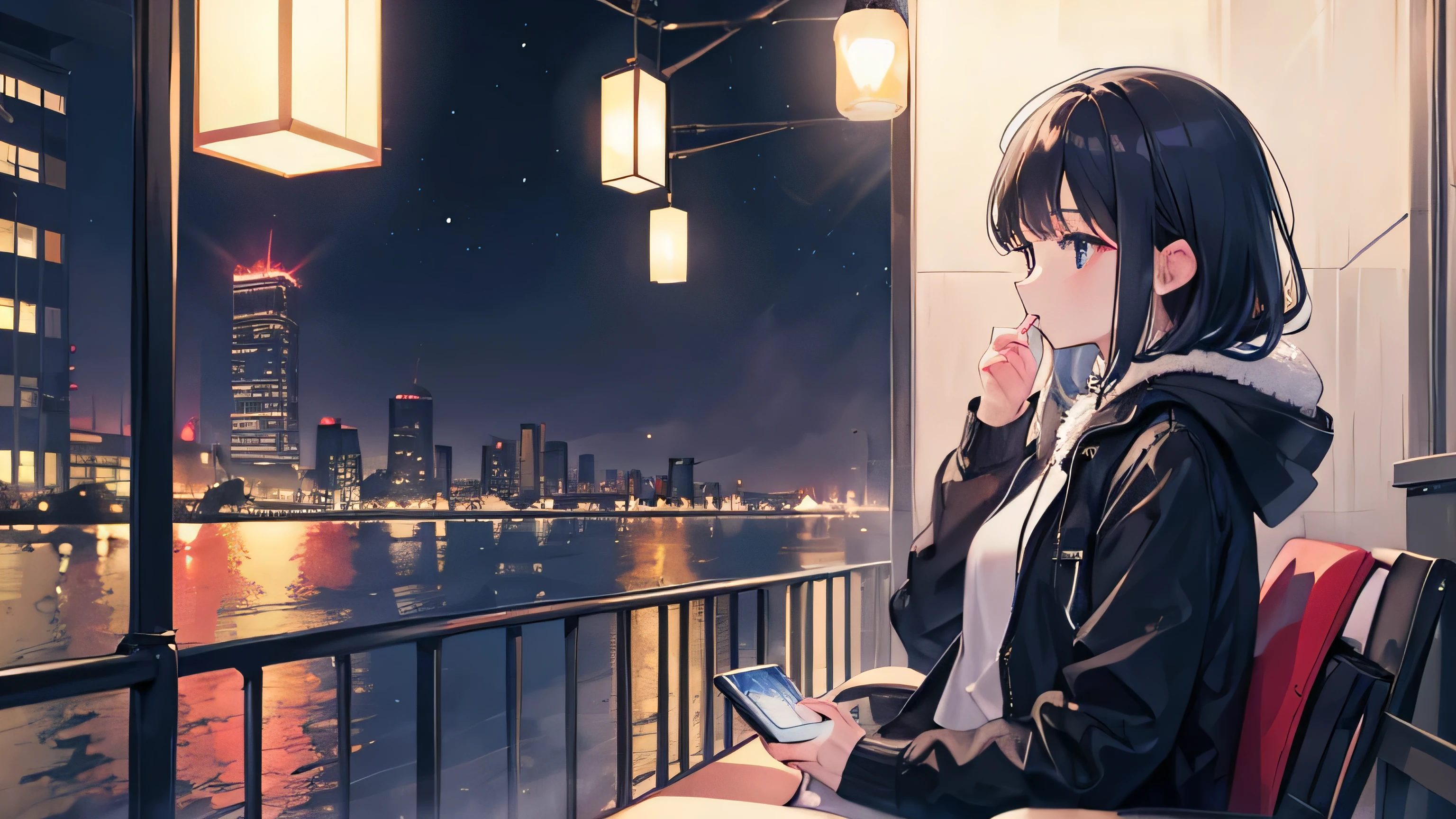 Girl listening to music in the city at night