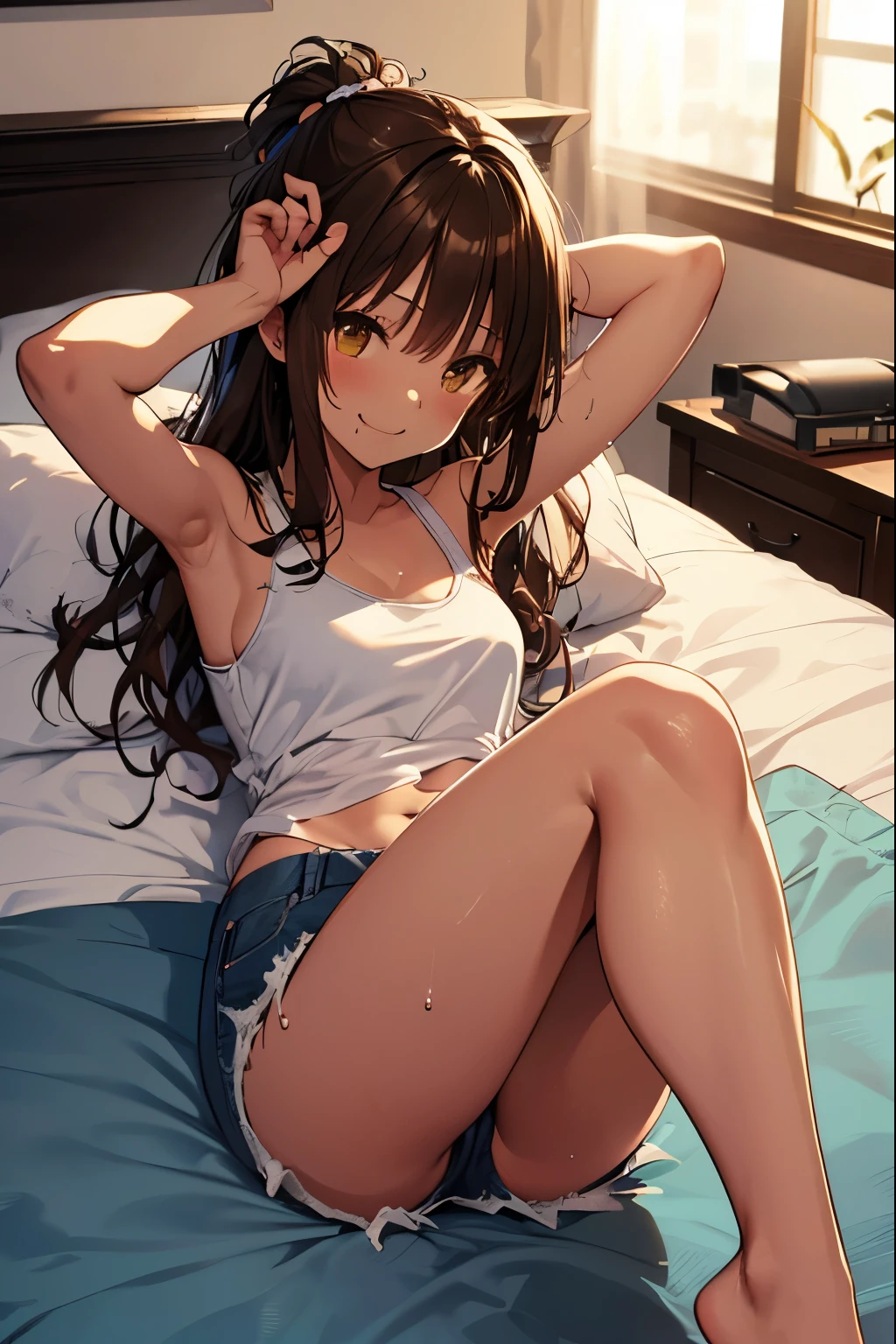 highest quality、 bra、beige shorts、cool look、Sexy pose in room、armpit sweat、Grass、ecstasy face, (1 girl), (highly detailed face, smile) , (physically thin), (japanese girl), Slightly round face, (tanned brown face:1.6), cute, Big eyes、2D，highest quality，(masterpiece)，(full body)，Semi-long hair that reaches to the shoulders，((amber brown hair))，((beach waves))，healthy dark skin，((denim hot pants))，「cheap」A pink tank top with the words，Shiny bare legs，barefoot，beautiful brown eyes，attractive thigheaty ass，Sloppy body shape，Bedroom，Get drunk，upper grade，cheeks are bright red，あざでcute，devilishly sexy，erotic look，Large drops of sweat all over the body，It&#39;s stuffy，sleep with your legs stretched out、my room
