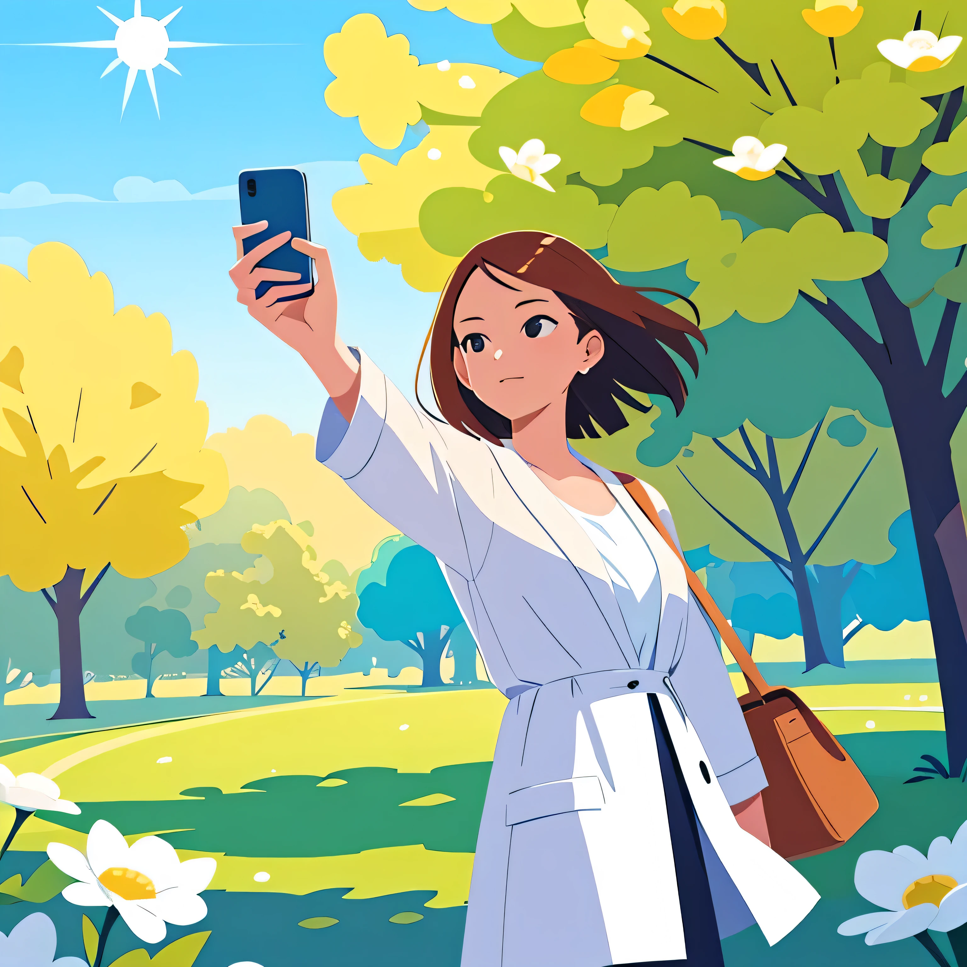 spring morning,In a park,woman,Fashion,young,Taking a selfie, Sunlight, masterpiece, perfect composition, bright colors,