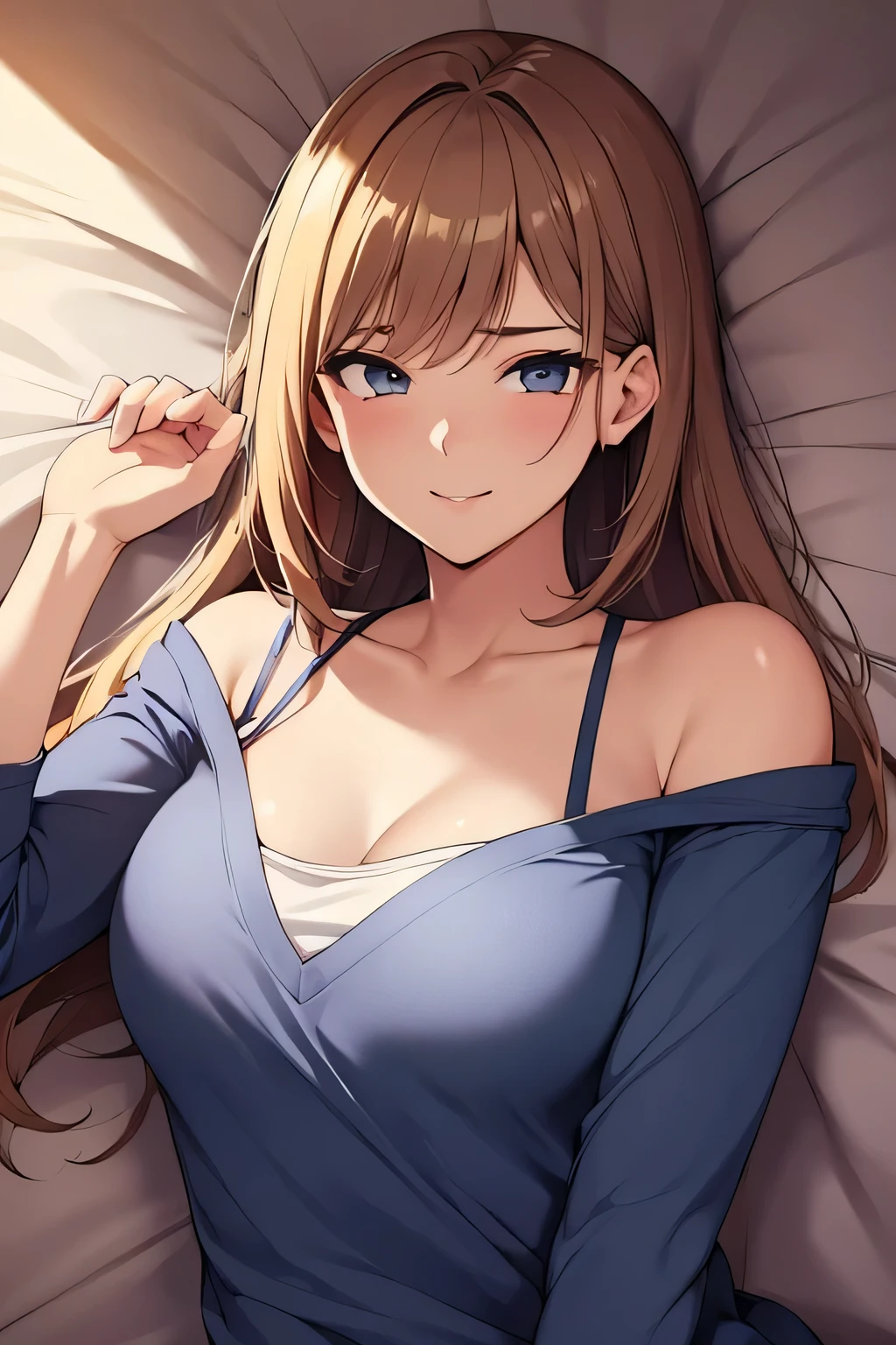 (masterpiece)), (highest quality), (detailed), (1 girl), look at the beholder, The expression is a smile, close to camera,clothes with open chest,medium chest,lying in bed,The hair length is medium,wearing ,