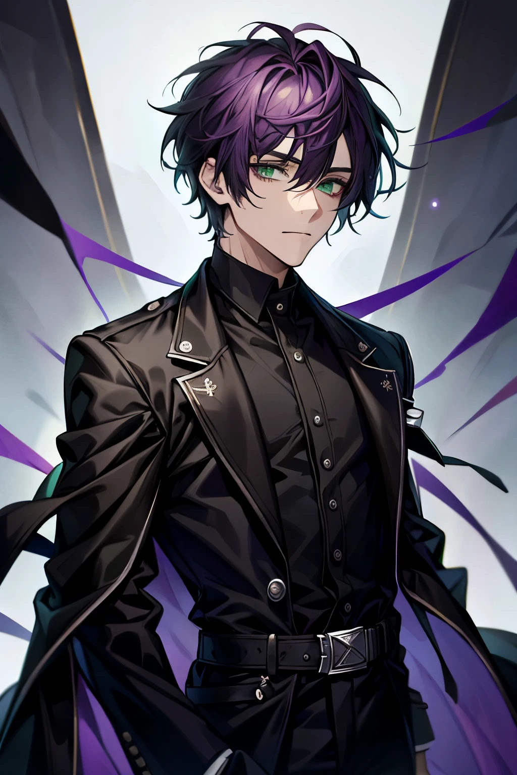 Solo, Male, masterpiece, highres, short hair, violet hair, green eyes, black and white shirt, black coat