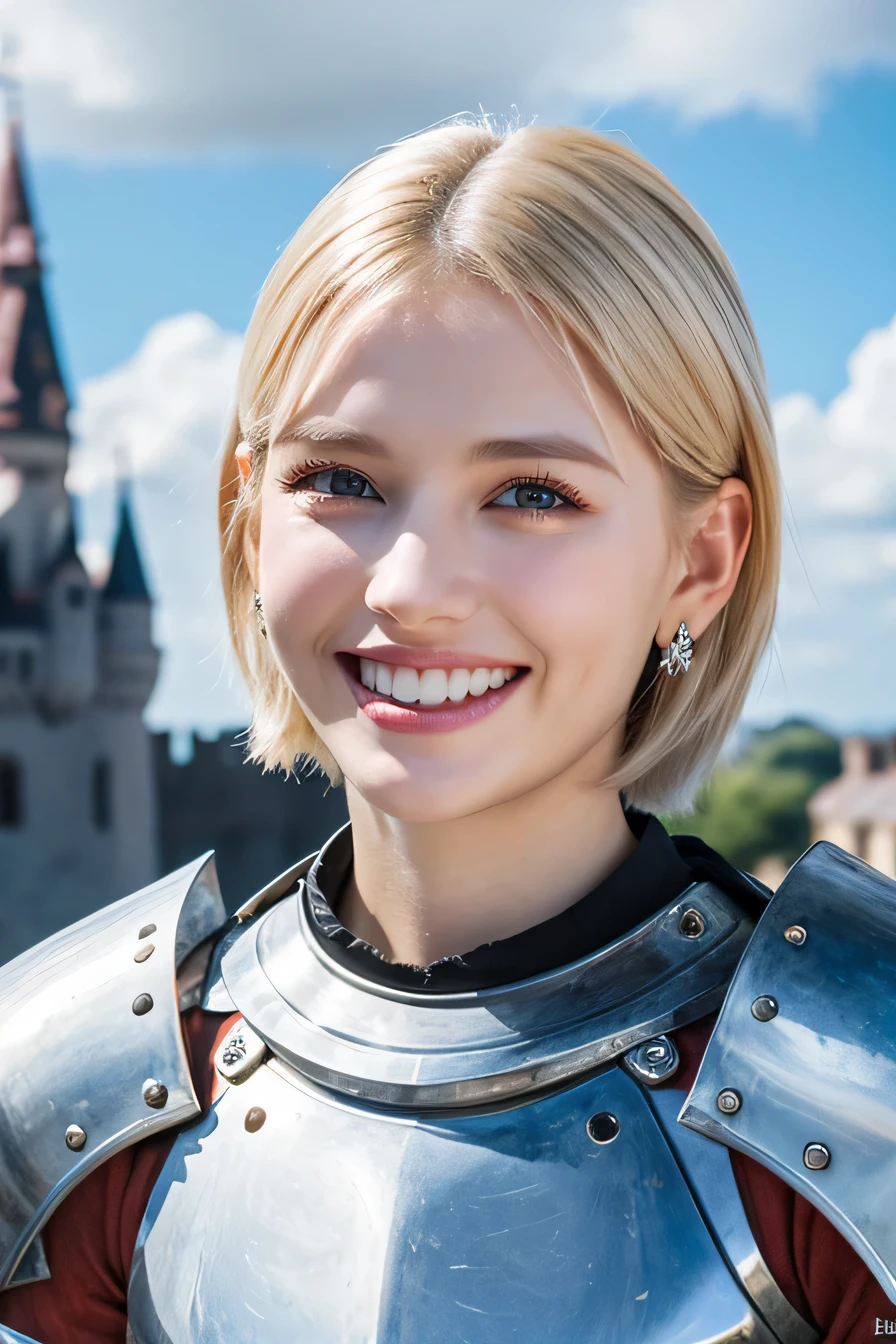 8K、highest quality、female knight、The background is a castle、Luxurious Silver Armor、heavy equipment、hairstyle short cut、smile、beautiful teeth、full body photo、ear piercing、white woman、blonde hair、blue eyes、Gummy Smile、The background is a cloudy sky、heavy makeup