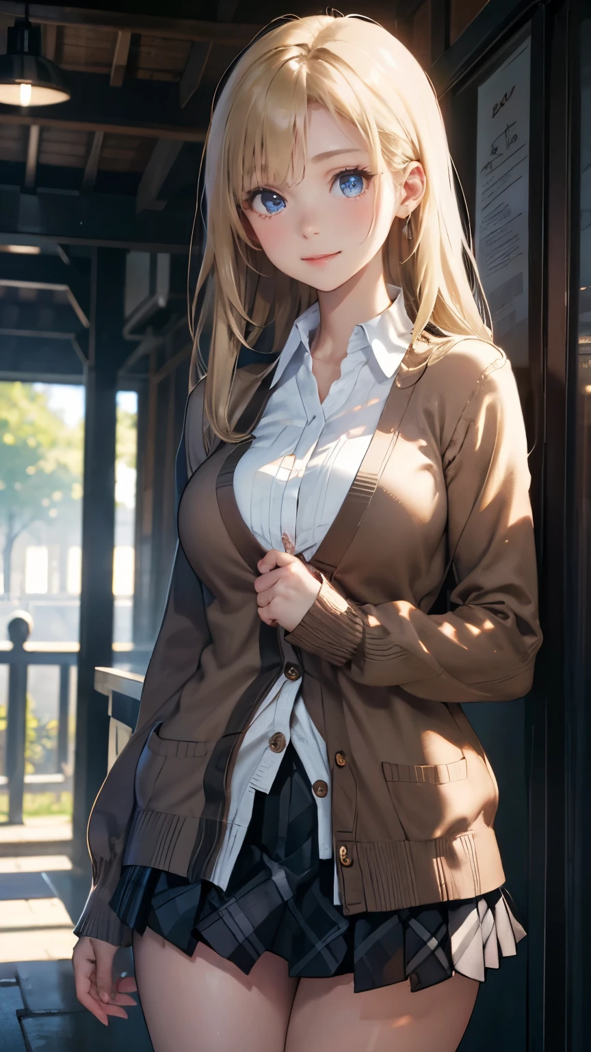(masterpiece:1.2, top-quality), (realistic, photorealistic:1.4), beautiful illustration, (natural side lighting, movie lighting), 
looking at viewer, 1 girl, japanese, high school girl, perfect face, cute and symmetrical face, shiny skin, babyface, 
(long hair, straight hair, sideburns, (blond hair)), swept bangs, blue eyes, (middle breasts, seductive thighs, big ass), piercings, 
beautiful hair, beautiful face, beautiful detailed eyes, beautiful clavicle, beautiful body, beautiful chest, beautiful thigh, beautiful legs, beautiful fingers, 
(((brown cardigan, close clothes), white collared shirt, black plaid pleated miniskirt)), 
(beautiful scenery), evening, (caffee shop), standing, (lovly smile, upper eyes), 