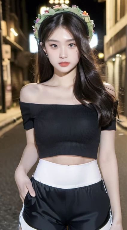 ((best quality, 8K, masterpiece: 1.3)), (flower hat: 1.3), focus: 1.2, perfect body beautiful: 1.4, buttocks: 1.2, (layered hairstyle: 1.2)), (dark street: 1.3), Highly detailed facial and skin textures, whole body, exquisite eyes, double eyelids, skin whitens, long hair, (round face: 1.5), (Loose crop top, shorts: 1.6)