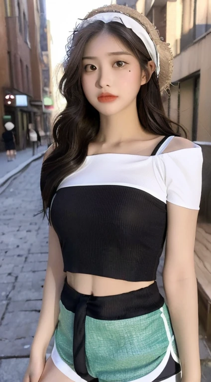 ((best quality, 8K, masterpiece: 1.3)), (flower hat: 1.3), focus: 1.2, perfect body beautiful: 1.4, buttocks: 1.2, (layered hairstyle: 1.2)), (dark street: 1.3), Highly detailed facial and skin textures, whole body, exquisite eyes, double eyelids, skin whitens, long hair, (round face: 1.5), (Loose crop top, shorts: 1.6)