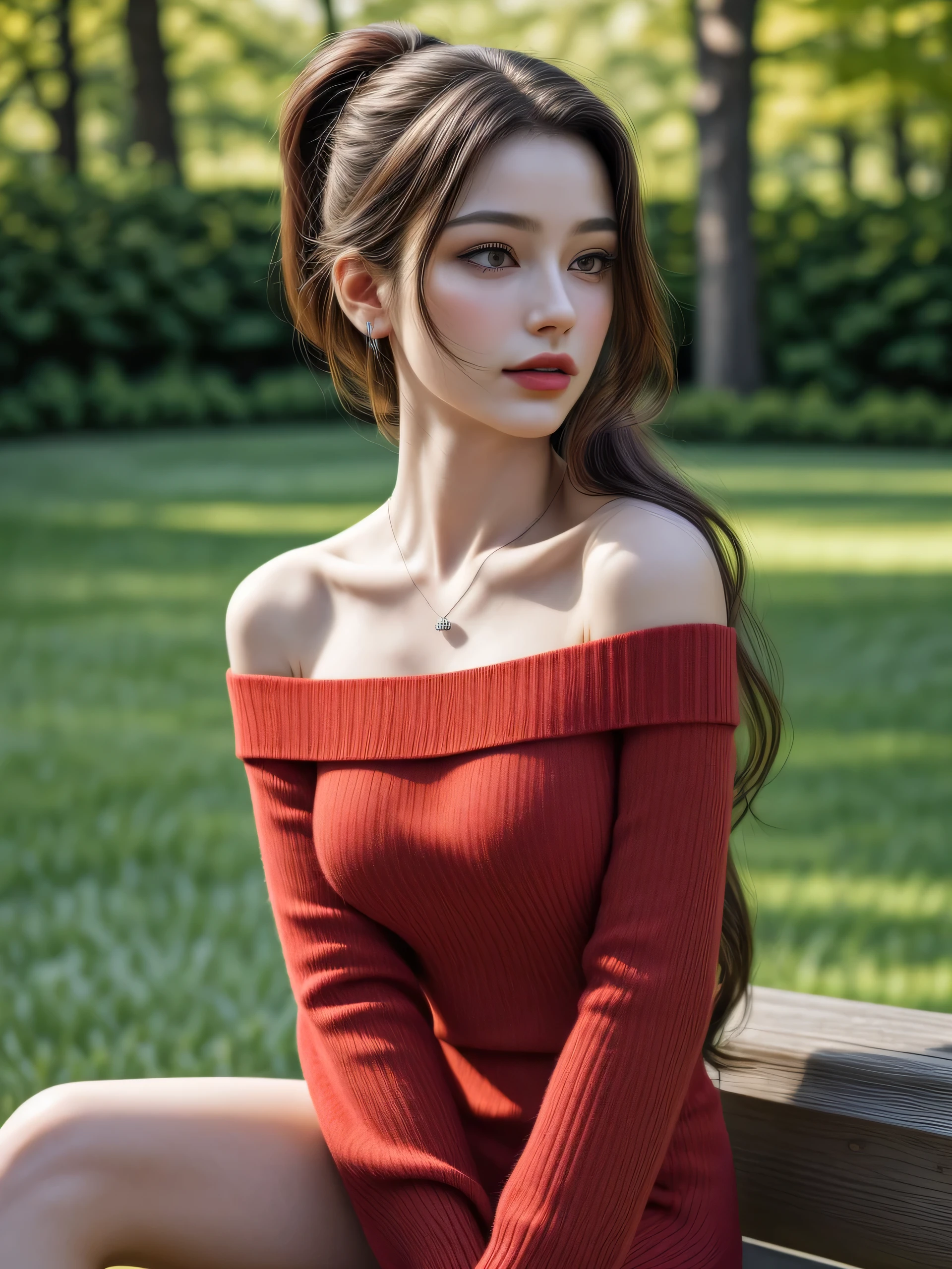 (Masterpiece, best quality, highres:1.3), from side, close-up portrait, solo, beautiful girl, slender feminine appearance, flat abdomen, flawless skin, cleavages, ponytail hair, detailed hair strands, delicate stunning face, attractive look, ((wearing red off-shoulder sweater dress, pendant)), outdoor, orange maple tree tunnel, sitting on bench, turn face upward, smirking, ((realism, super realistic, realistic detail))