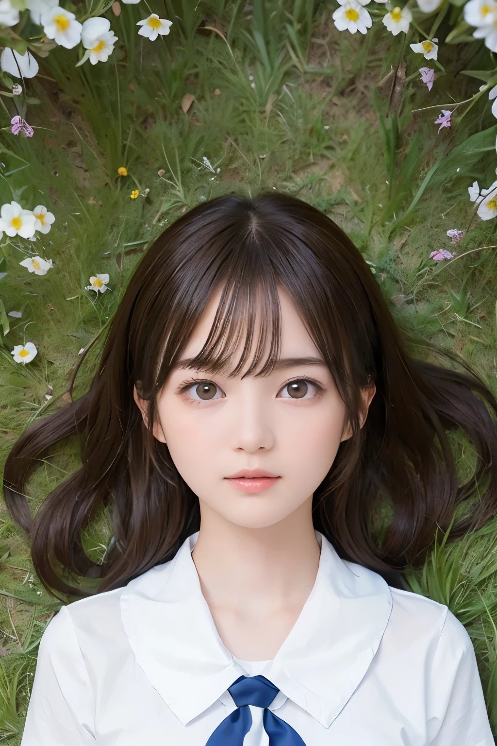 masterpiece, best quality, one girl, (bishojo, cosplayer:1.3), (************:1.2), very fine eye definition, (symmetrical eyes:1.3), (lie down in the meadow, shooting from above:1.3), (school uniform, short sleeve, white shirt, neckerchief:1.2), light makeup, eyelashes, brown eyes, parted bangs, brown hair, (eyes and faces with detailed:1.0)