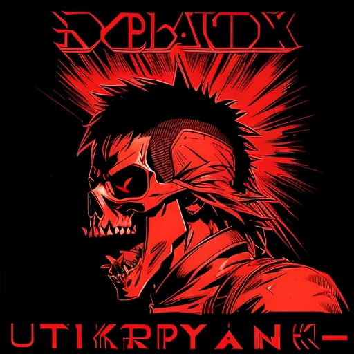 official art, unity 8k wallpaper, ultra detailed, aesthetically pleasing, High quality, masterpiece, best quality, Punk skull with red mohawk, side view, 1man, looking left, wide open mouth, detailed teeth, empty eye sockets, black and red graphic style, high contrast, (best quality, 4k, 8k, high resolution, masterpiece:1.2), ultra-detailed, illustration, HDR, UHD, sharp focus, bold lines, (punk, rebellious, aggressive:1.2), cool color tones, lineart