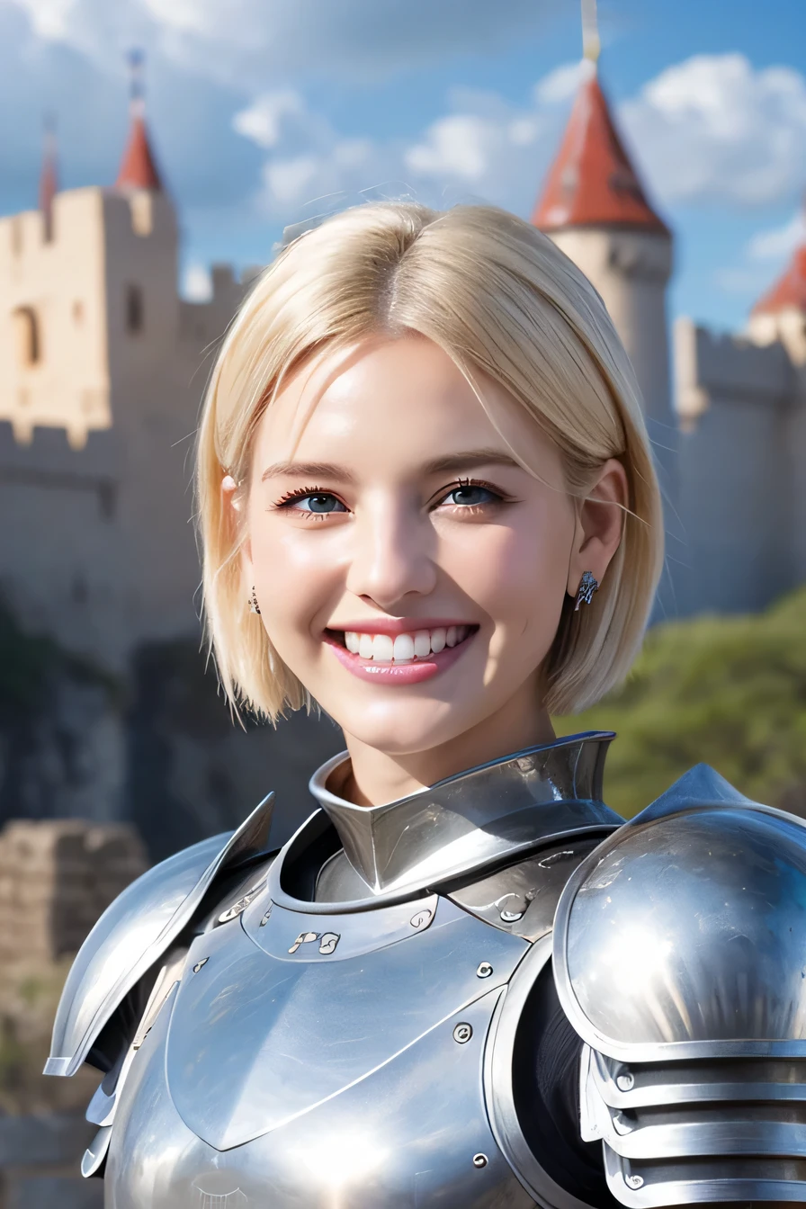 8K、highest quality、female knight、The background is a castle、Luxurious Silver Armor、heavy equipment、hairstyle short cut、smile、beautiful teeth、full body photo、ear piercing、white woman、blonde hair、blue eyes、Gummy Smile、The background is a cloudy sky、heavy makeup