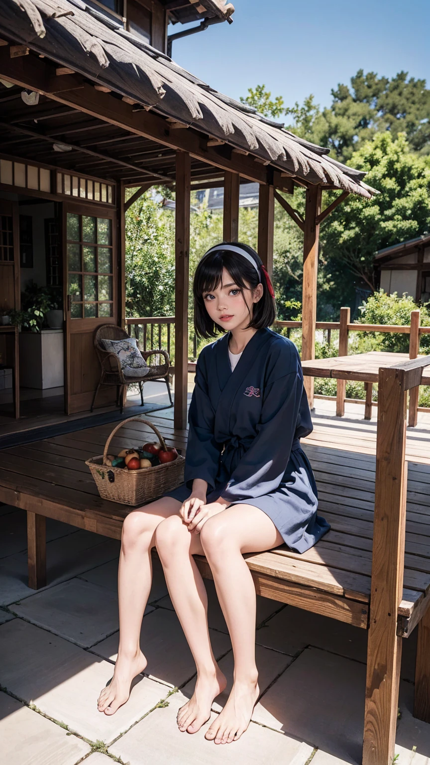 ((最high quality, 8K, masterpiece: 1.3, Ultra HD, high quality, 最high quality, High resolution, realism)) 、A stunningly beautiful 22-year-old Japanese woman、hair color is black、black eye、medium hair、straight hair、smile、Slender but well-proportioned muscular body、Athlete-like body type、I don&#39;t want my head to disappear from the screen.、Wearing accessories on your wrist、Wearing red nail polish、I have a peticure、Sitting on the veranda of a Japanese house in the Japanese countryside、It&#39;s summer、A wind chime is hung in front of the eaves.、barefoot、There is a basket full of tomatoes and carrots on the veranda.、The basket is made of woven bamboo strips、A courtyard spreads out in front of the verandah.、There is a well with a hand pump in the courtyard.、wear a yukata、smile((smile))、hair band((hair ribbon))
