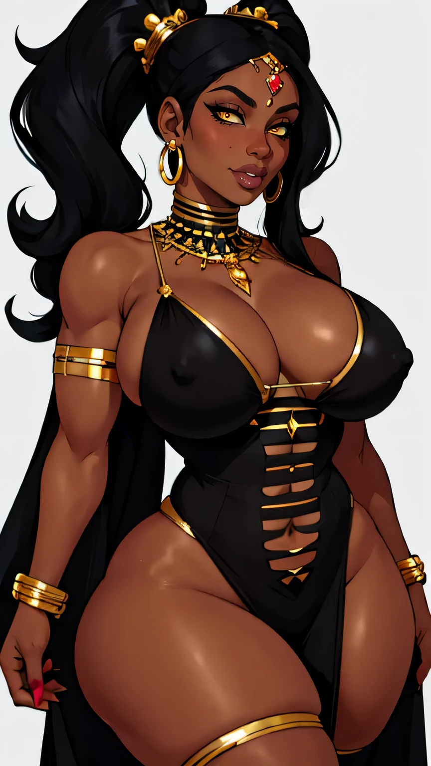 nicki minaj, jewelry, thick thighs, wide hips, glossy lips, black pigtails hair, small breast, milf, yellow eyes, white blank background, mature, mother, dutchess, ebony dark skin, luxury, voluptuous, thick, buxom, mother, Full lips, Seductive, Mature, muscular strong, abs, black empress dress, gold design, fur, fancy barbarian