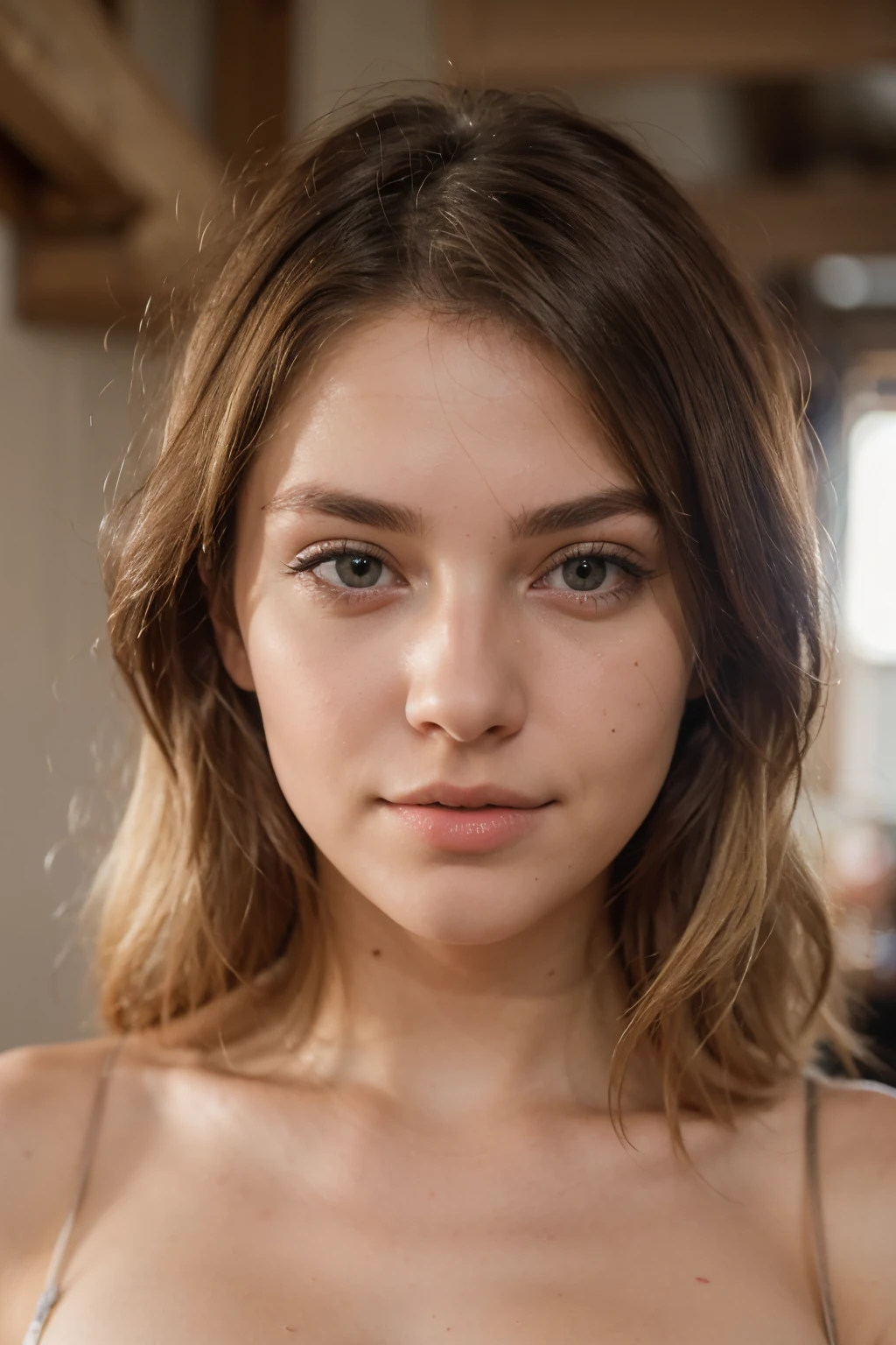 very beautiful 23 years old blonde looking directly the camera. very realistic