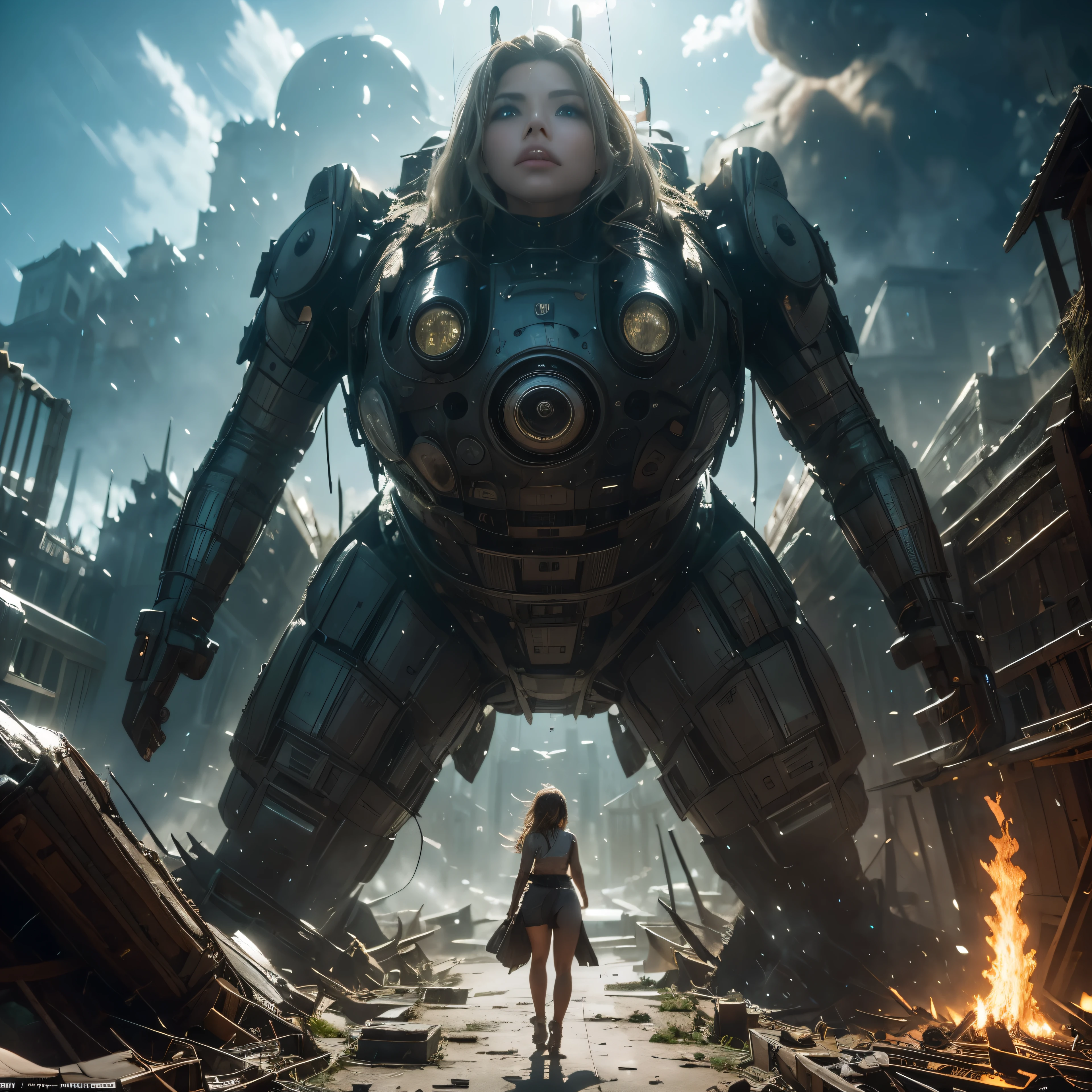(highest quality、4K、High resolution、master piece: 1.2)、Super detailed、real: 1.37、Natural light、Portrait、surreal colors、futuristic style、Crumbling cityscape、Overgrown vegetation、Foggy atmosphere、Contrasting shadows、tattered clothes、A strong and confident gaze、Abandoned Objects、desolation、Destroyed building silhouette、vivid graffiti、Empowering pose、hair fluttering in the wind、Expressive facial features、unforgettable beauty、Dramatic sky、eerie clouds、intricate details、urban decline、post-apocalyptic setting、Ruins in nature 、Majestic Skyline、Desperate struggle、Creepy Presence、Thought of power、Enhanced Thought of power、intensity of emotions、Tense atmosphere、heroic attitude、intense action、Fearless Determination、Survival from all odds、Dangerous landscapes、Iconic battle、cinematic composition、epic showdown、A moment frozen in time、mysterious aura、fortitude、Women's Support、strong female protagonist、Fascinating story、Women's power、Fierce determination、Empowering Stories、(Behind her, a giant invader mech is on fire and collapsing.:1.2)