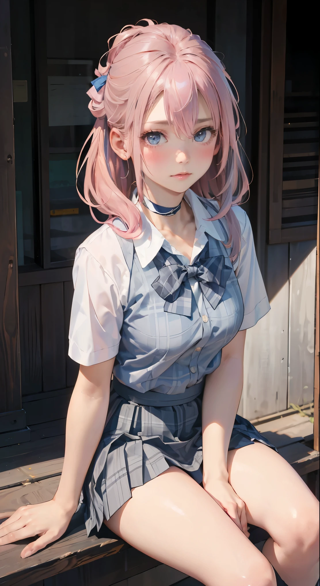 (masterpiece:1.2, highest quality), (realistic, photorealistic:1.4), beautiful illustrations, 
looking at the viewer, whole body, Front view:0.6, 
1 girl, Japanese, high School girl, ((pompadour:1.7, pink hair:1.3)), blown hair, bangs, hair between eyes, medium breasts:1.8, 
beautiful hair, beautiful and detailed eyes, beautiful clavicle, beautiful breasts, beautiful thighs, beautiful feet, beautiful fingers, 
(beautiful scenery), , School,
((collared short sleeve shirt, white shirt, , Grey plaid pleated skirt, blue plaid bow tie, choker)), white panties, 
(Are standing, grab the hem of the skirt, put your hand on your chest, hand between legs, leaning forward), 
blush