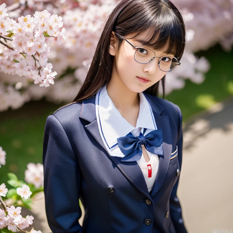 (masterpiece, highest quality, High resolution,8K), Beautiful 15 year old Japanese student, wear glasses, beautiful black hair, wear glasses, Traditional ,(navy blue blazer,white collared shirt, dark red bow tie, black stockings, black loafers), big breasts, cleavage, Japanese school with cherry blossoms in full bloom , Photographed at the best angle