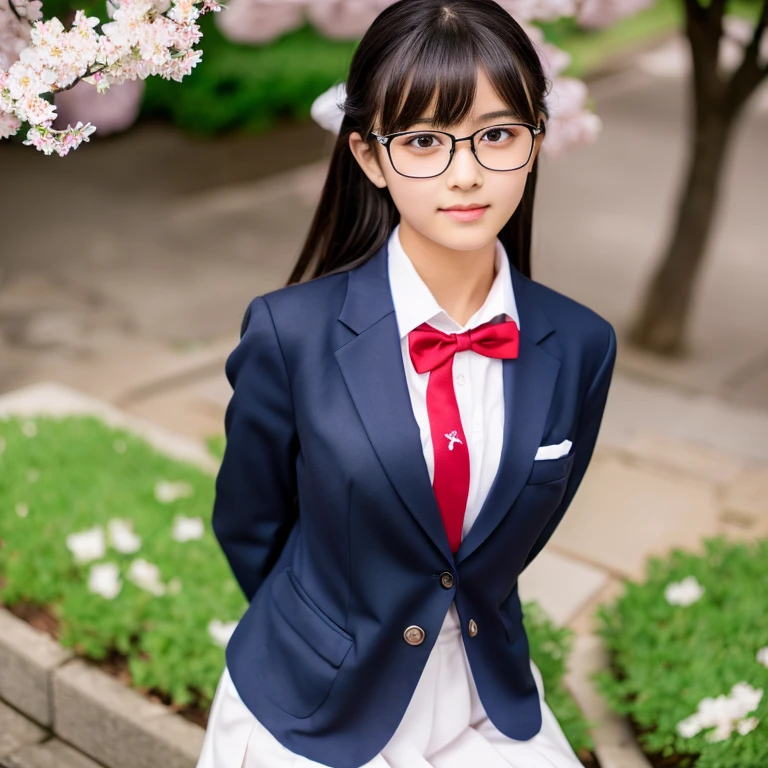 (masterpiece, highest quality, High resolution,8K), Beautiful 15 year old Japanese student, wear glasses, beautiful black hair, wear glasses, Traditional ,(navy blue blazer,white collared shirt, dark red bow tie, black stockings, black loafers), big breasts, cleavage, Japanese school with cherry blossoms in full bloom , Photographed at the best angle