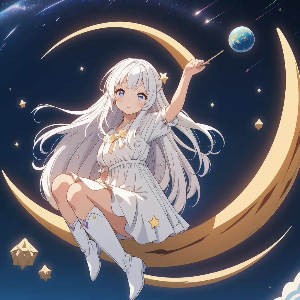 sitting on the crescent moon、Star Fairy、(masterpiece, best quality), 1girl, sitting on the crescent moon、「美しくプリントされたMilky Wayのような柄の着物とゴシック**ータの洋服を合わせもった衣類、universe柄のボックスプリーツミニスカートにフリル、Front view portrait、Knee-high boots、enchanting eyes、Perfect and stunning face、exquisite details、clear image、highest quality。」Milky white long straight hair、universe、Milky Way、Meteors、