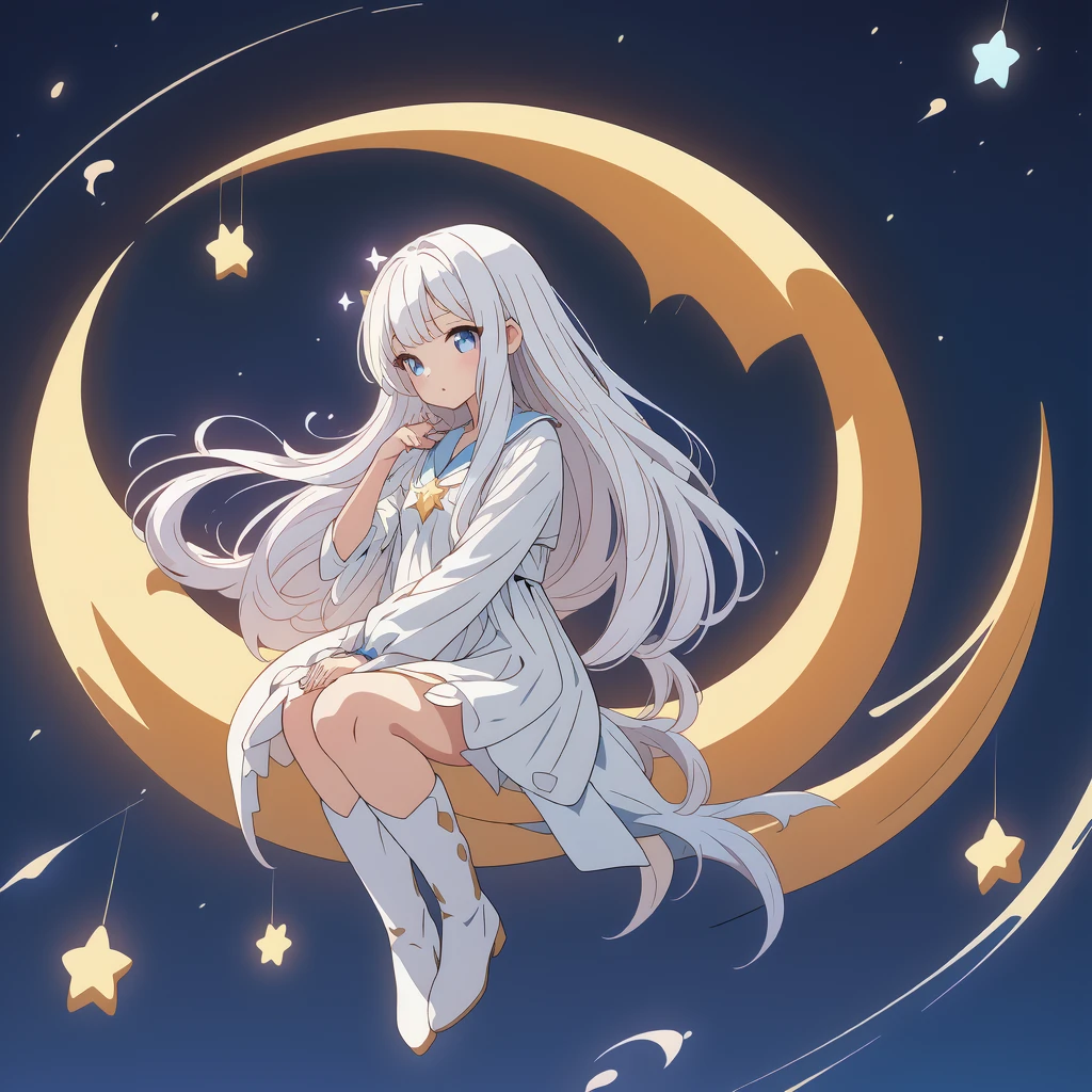 sitting on the crescent moon、Star Fairy、(masterpiece, best quality), 1girl, sitting on the crescent moon、「美しくプリントされたMilky Wayのような柄の着物とゴシックロリータの洋服を合わせもった衣類、universe柄のボックスプリーツミニスカートにフリル、Front view portrait、Knee-high boots、enchanting eyes、Perfect and stunning face、exquisite details、clear image、highest quality。」Milky white long straight hair、universe、Milky Way、Meteors、