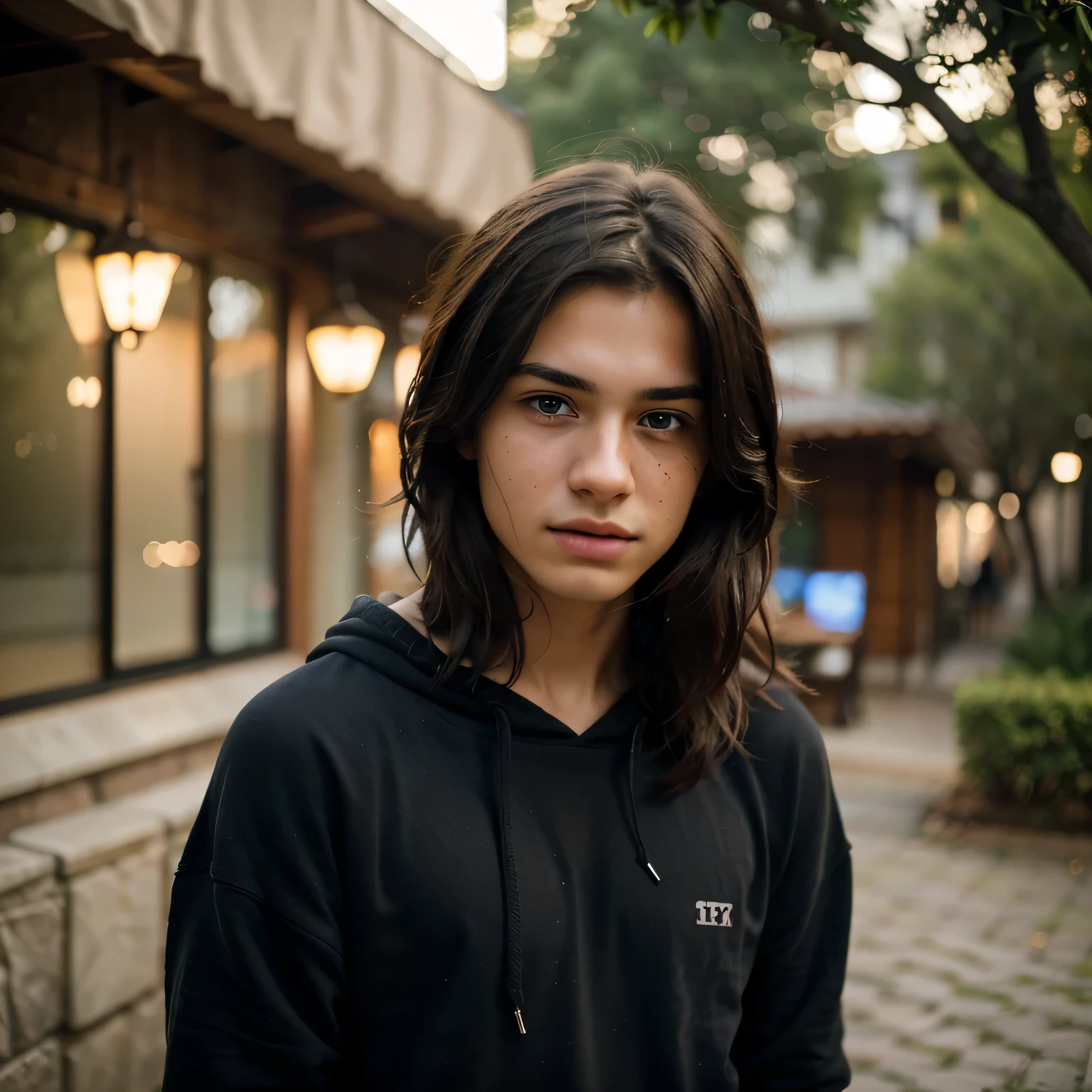 (8k, RAW photo, best quality, masterpiece:1.2), (realistic, photo-realistic:1.37), ultra-detailed, masterpiece HDR high quality Picture a young boy, 17 years old, handsome man, long black messy hair to his shoulder, sharp eyes, blue hoodie, working on the smartphone, expressing a sense of perplexity and curiosity, with a touch of humor, creating a warm and relaxed atmosphere, captured in high resolution (best quality, 4k), with ultra-detailed features, realistic colors, and a touch of bokeh, reminiscent of a candid snapshot.