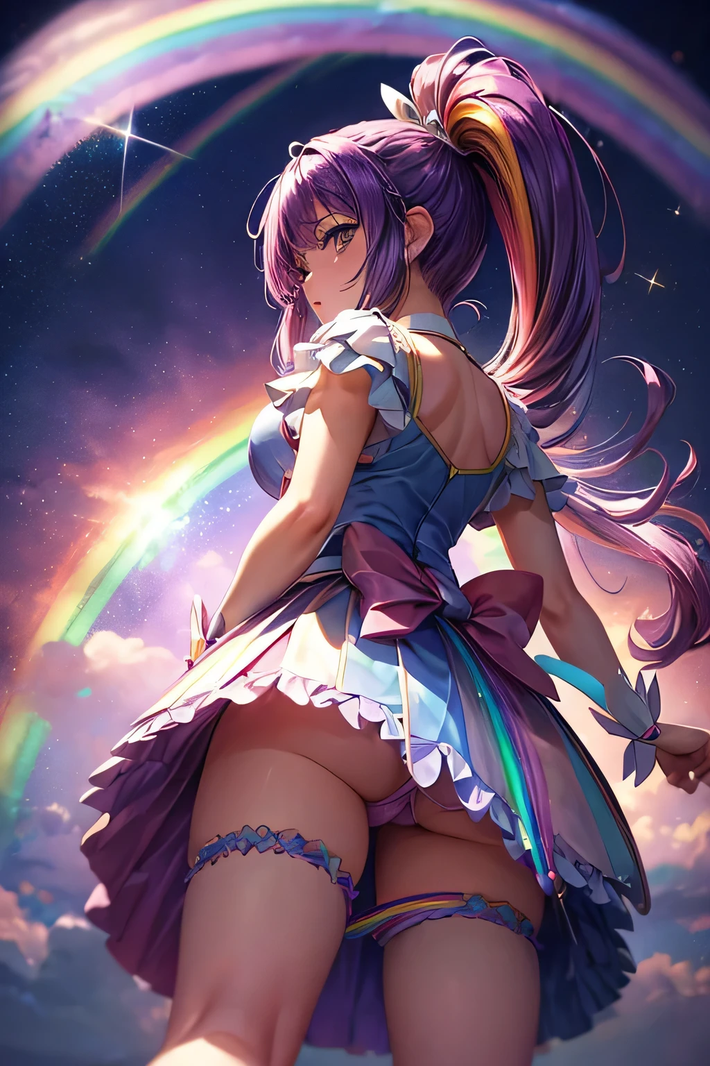 (((Panty shot)))、mini skirt、(((Rainbow Magical Girl Costume))、Beauty、Purple Hair Ponytail、((whole body))、(((photo taken from below)))、night sky