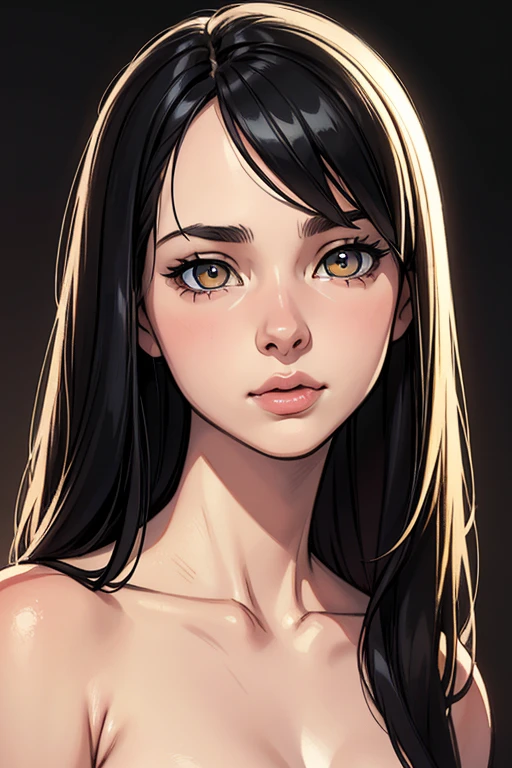 Realistic Photos, lip gloss, drawing, Realistic, Best Quality, Super High Resolution, depth, Pastel color, Natural Shading, focus on face, looking at the scenes, 1girl, 14 years old, topless, long hair, Black hair, detailed eyes, Amber eyes, pale white skin, detailed wallpaper, looking into the camera, dark background, calm face