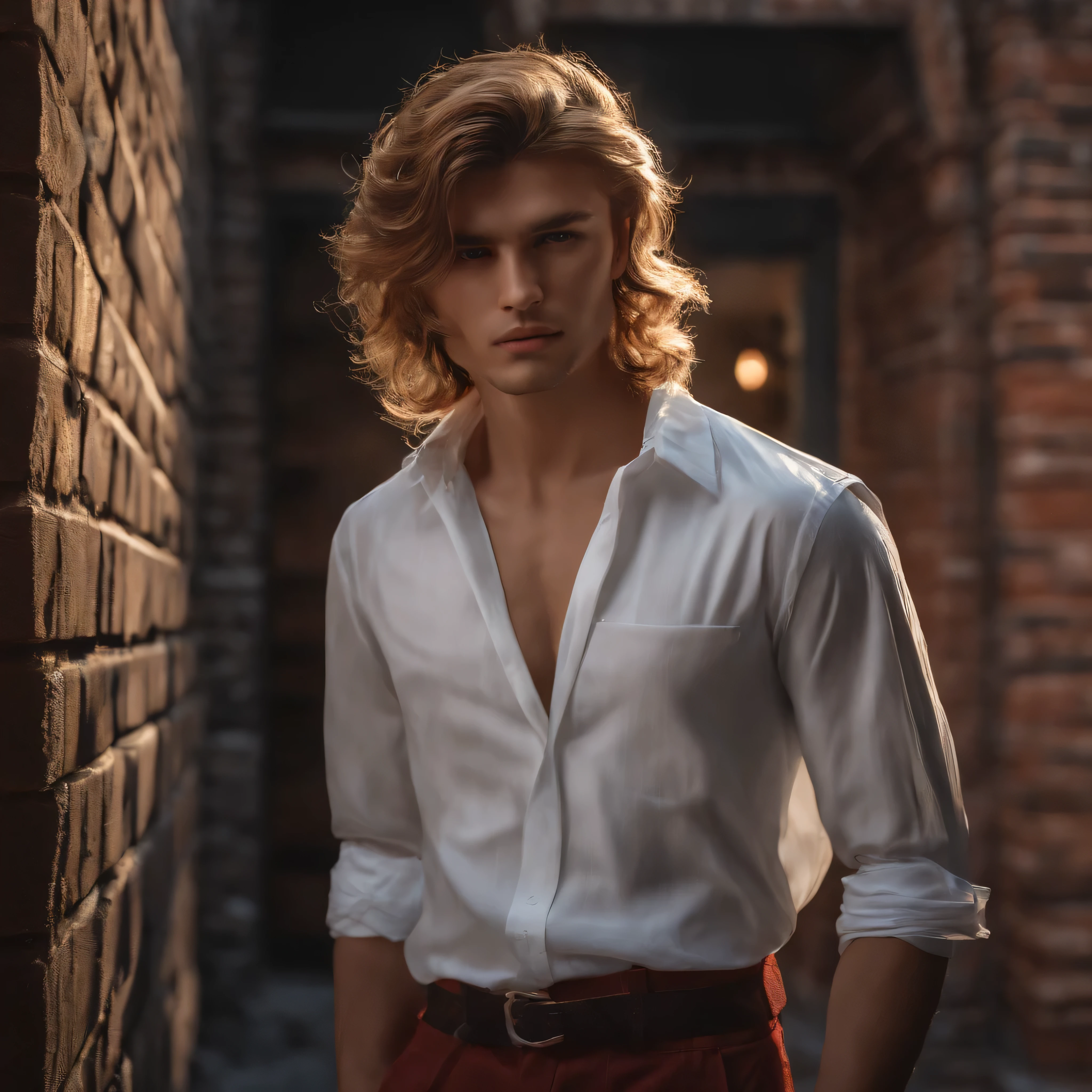 ultra realistic 8k cg, masterpiece, ((ultra detailed background, delicate pattern, intricate detail)), best quality, intricate details, chromatic aberration, 1boy, long hair, golden hair, messy hair, red highlights, hair over one eye, sharp eyes, choker, brick wall, graffiti, dim lighting, alley, oversized shirt,off shoulder, see through white shirt, Masterpiece, best quality