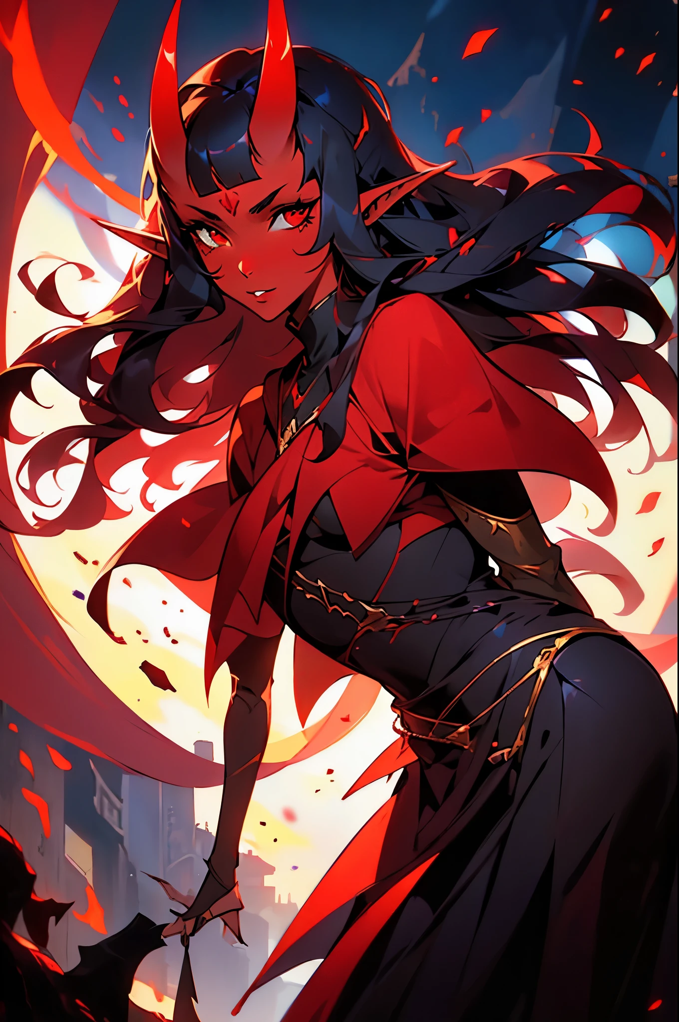 1 mature girl, tiefling, solo, red-skinned girl, red skin, black hair, long black hair with curtain bangs, elf ears, red eyes, horns on forehead, oni horns, 8k, highdef, ultrares, high quality face, high quality