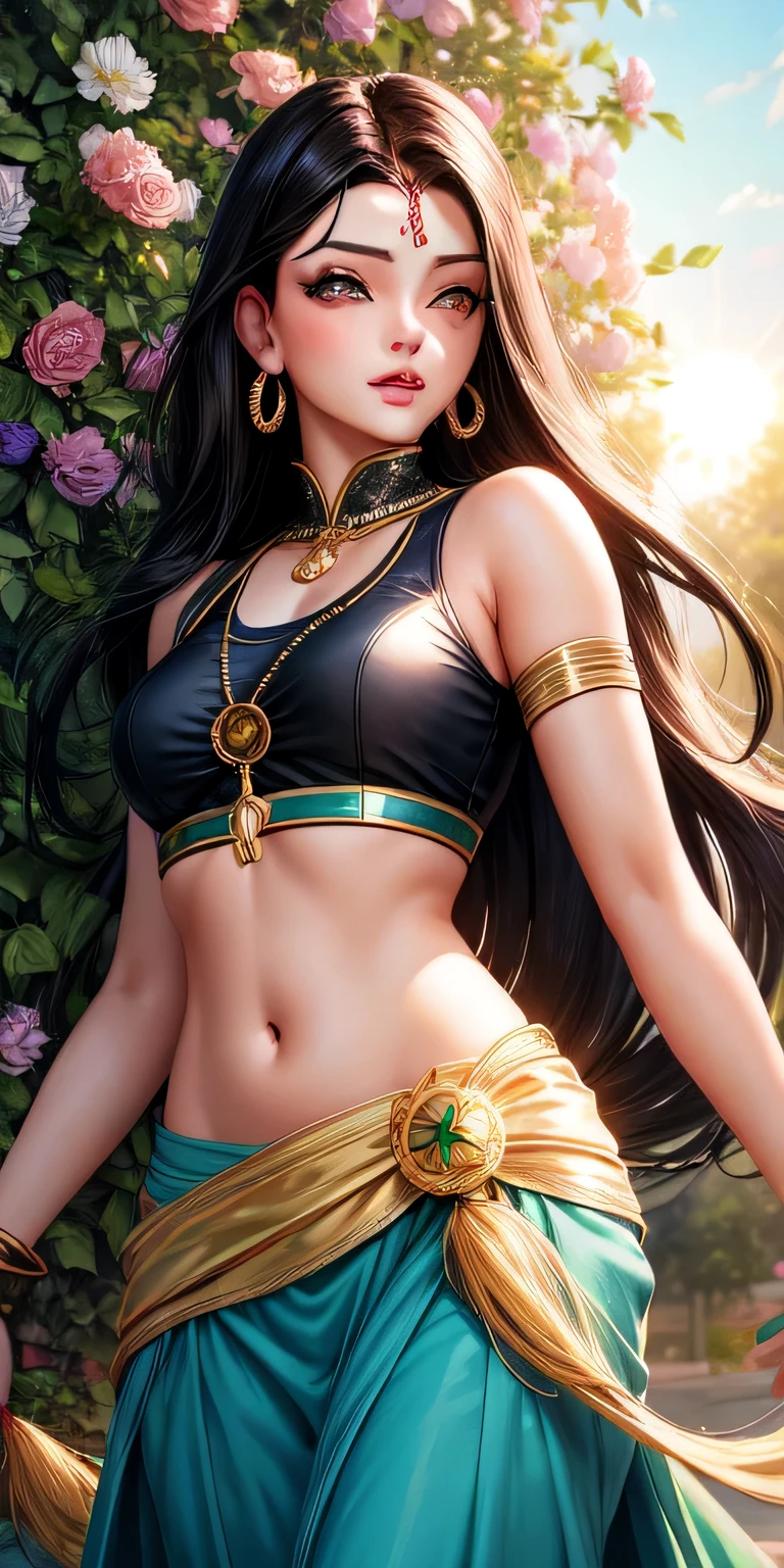 masterpiece, best quality, neeko, hair ornaments, hair flower, blackshorts, crop top, lizard tail, facial marks