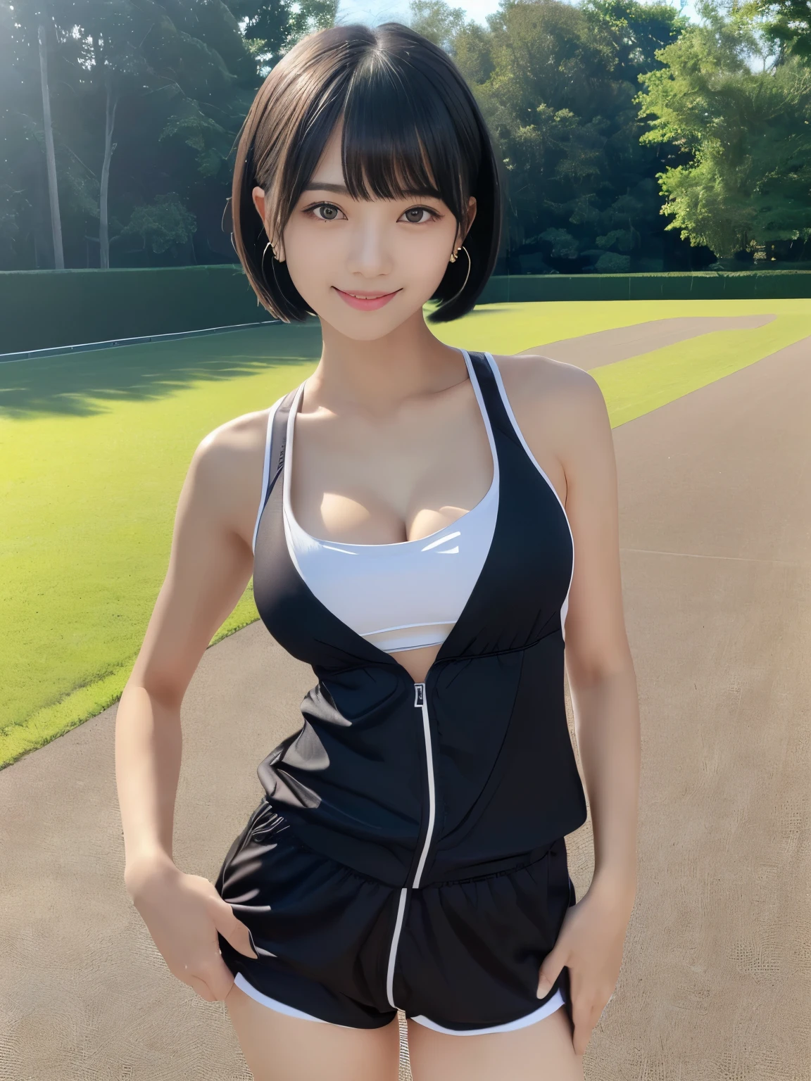 (Masterpiece, Best-quality, RAW-photo, Ultra-High-Resolution, Photorealistic, Very realistic human skin, Sense of reality, Anatomically correct, detailed fingers),
(Thin waist and busty style body, Cleavage, teat, -yeld, Restic Japanese girl, short height),
((running wear, running shoes)),
((full length, standing, See photographer, look at viewer, fold hands behind body, head tilt:1.3)),
(maiko, Round face, Black hair, Black eyes, Moist eyes, Shining eyes, Short bob cut, Bangs, Down-slating eyebrows, one little earring),
(goddess smile),
(sports ground)
bright lighting
