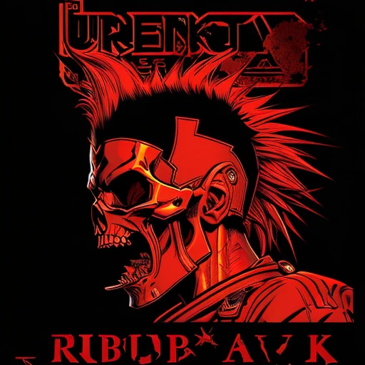 official art, unity 8k wallpaper, ultra detailed, aesthetically pleasing, High quality, masterpiece, best quality, Punk skull with red mohawk, side view, 1man, looking left, wide open mouth, detailed teeth, empty eye sockets, black and red graphic style, high contrast, (best quality, 4k, 8k, high resolution, masterpiece:1.2), ultra-detailed, illustration, HDR, UHD, sharp focus, bold lines, (punk, rebellious, aggressive:1.2), cool color tones, lineart