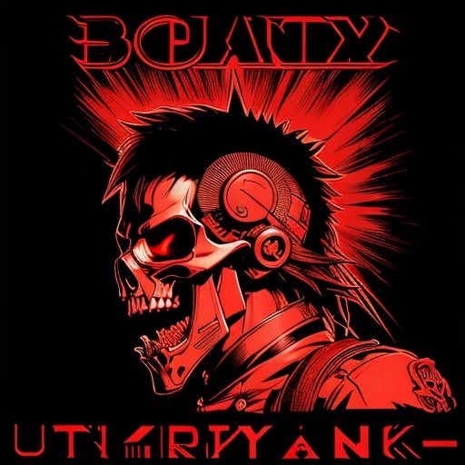 official art, unity 8k wallpaper, ultra detailed, aesthetically pleasing, High quality, masterpiece, best quality, Punk skull with red mohawk, side view, 1man, looking left, wide open mouth, detailed teeth, empty eye sockets, black and red graphic style, high contrast, (best quality, 4k, 8k, high resolution, masterpiece:1.2), ultra-detailed, illustration, HDR, UHD, sharp focus, bold lines, (punk, rebellious, aggressive:1.2), cool color tones, lineart