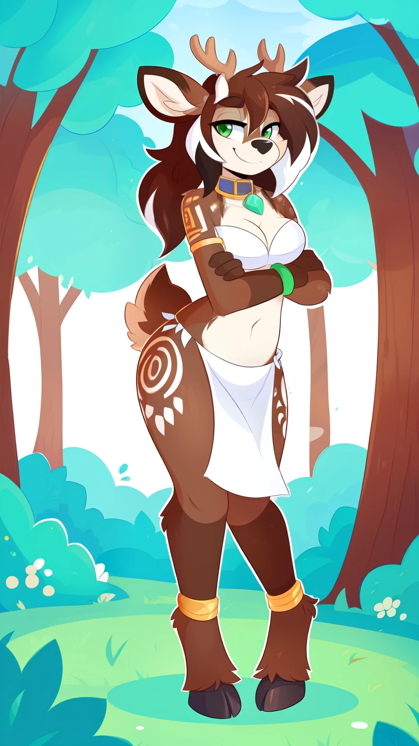 by Kilinah, by Coffeesoda, by Hioshiru, by Kilinah, Furry, Anthro, Female, Solo, smug smile, (half-closed eyes), long brown Hair (white highlights in hair), brown Tail, (green eyes), looking at the viewer, (medium breasts, hips), (deer), (forest, day), (brown body, two-tone fur), extremely detailed, extremely detailed legs, extremely detailed arms, extremely detailed face, perfectly detailed eyes, perfectly detailed anatomy), perfect lighting, (white bra, white loincloth, tribal clothes, tribal tattoos, tribal collar, tribal wristband, tribal jewelry), standing, (hooves feet), leaning fordward, bend over, crossing arms