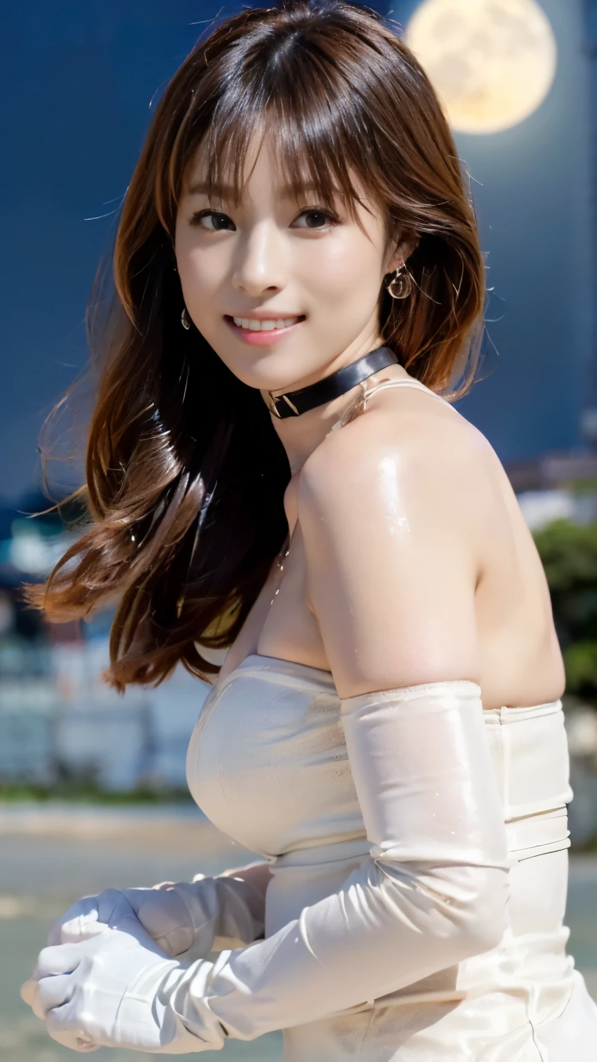 ((((Flawless解剖学)),A beautiful starry sky that looks like the stars are waving as the night falls,An image of the beautiful Shiho who came to a white sand beach in Hawaii where there is no lighting at all and the beach is illuminated by moonlight.,(((the only person))),(((A gravure idol who looks great in a black leather high-necked high-leg bondage outfit and choker))),Knitted tights are cool,(((Beautiful moonlit beach))),(((Royals Astepiece:1.6))),(((Ulzzang-6500))),(((Deep depth of field with Hasselblad))),masterpiece,highest quality,超A high resolution,High detailed full body portrait,(photo-realistic:1.4),(((A tall nose and a beautiful face))),(((long limbs like a model))),white skin is dazzling,Tuck your chin in, tilt your head, turn up the corners of your mouth, and smile happily.,((Full-body photo taken from the front with the moon in the background)),20-year-old,cute,long and shiny chestnut hair,Her proud F-cup bust and slim waist,(Close your mouth and smile happily),The light reflected in your eyes,(( Gravure photography)),((long gloves up to the elbow)),Cute big eyes and long eyelashes,Clear double eyelids,((glossy thick lips)),(((Flawless解剖学))),Beautiful long chestnut hair waving in the wind,Beautiful face with a delicate and high nose,The coke bottle body with long limbs and tight hip line is perfect like a model.,White skin shines in the moonlight,nice earrings and necklace,A beautiful 4K photo of a person with a large moon in the background, with a full-body shot taken from a distance, with a shadow silhouette emerging from behind without any artificial light.,realistic,Flawless,best image quality,Professional angle of view,excellent details,ultra high resolution,realistic:1.4),high detail,focus on details,High concentration of 1girls,4K,Beautiful background bokeh with deep depth of field,